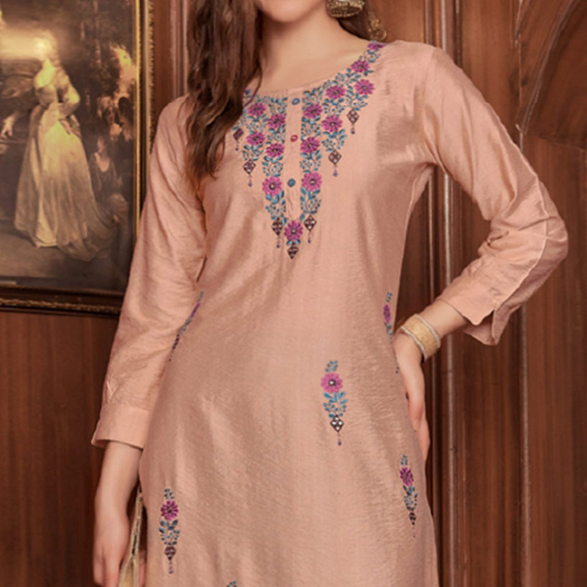 Light Brown Floral Embroidered Rayon Kurti