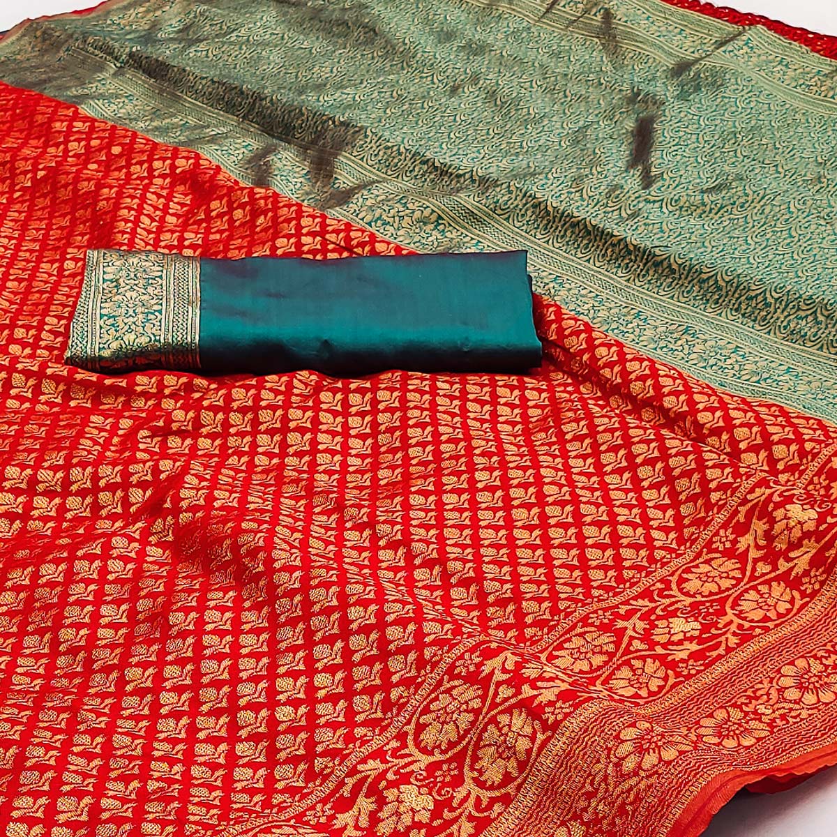 Red Floral Woven Jacquard Saree