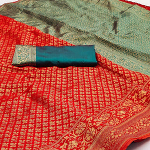 Red Floral Woven Jacquard Saree