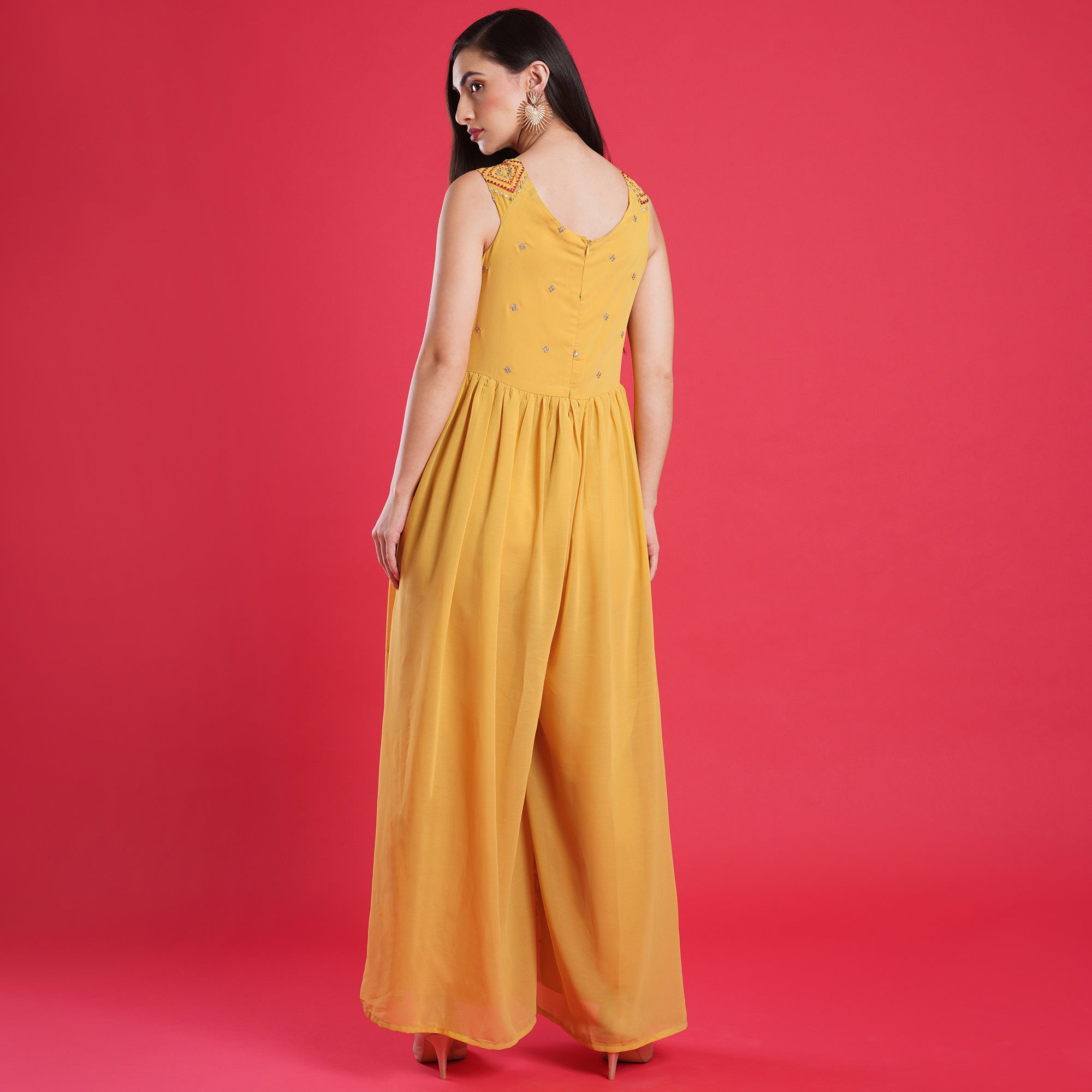 Yellow Sequins Embroidered Georgette Jumpsuit