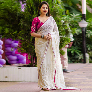 White Sequins Work Georgette Saree