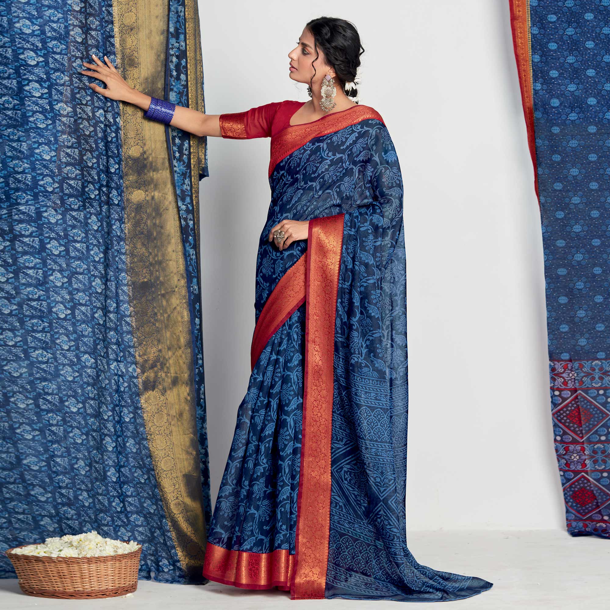 Blue Printed With Woven Border Cotton Blend Saree