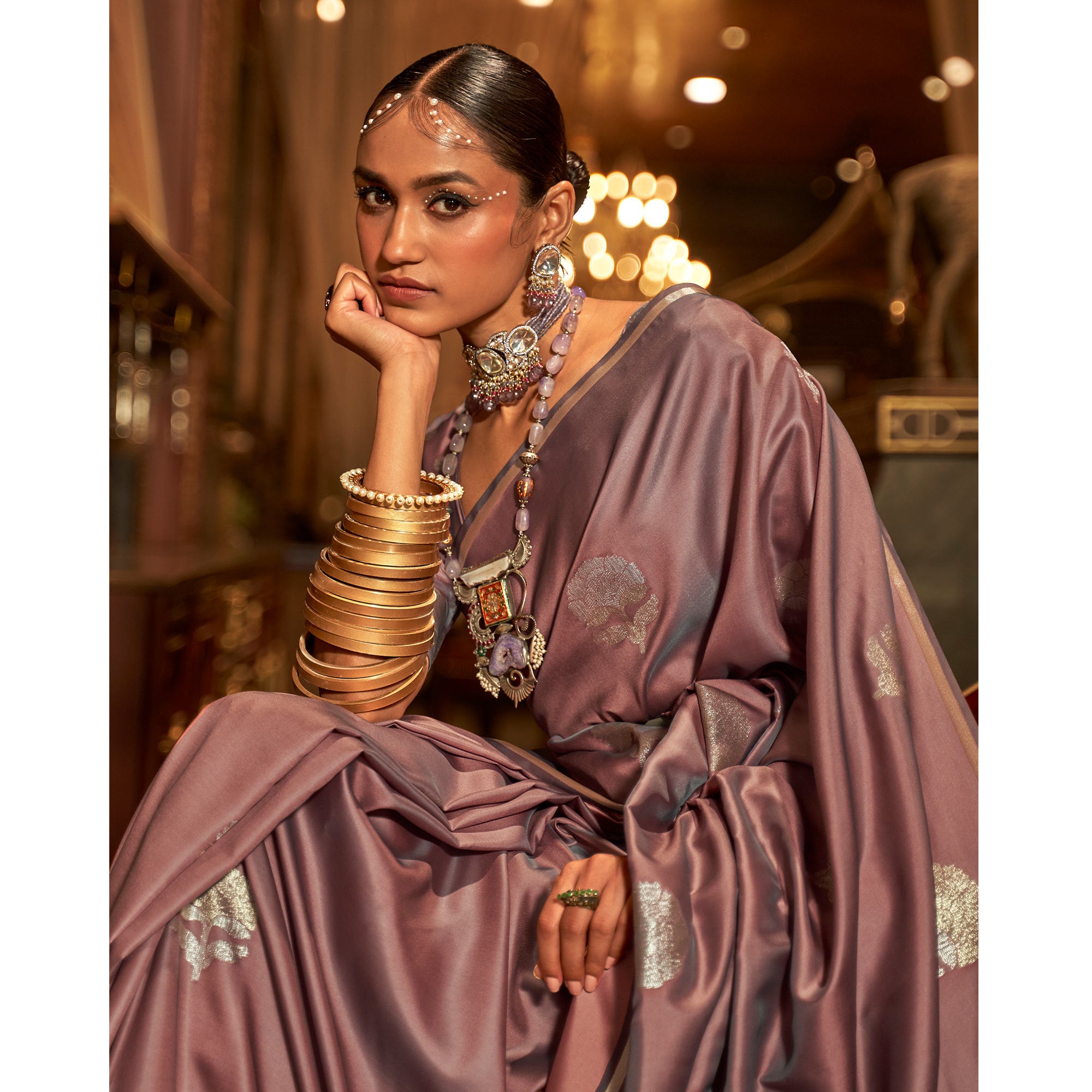 Dusty Pink Floral Woven Satin Saree With Tassels