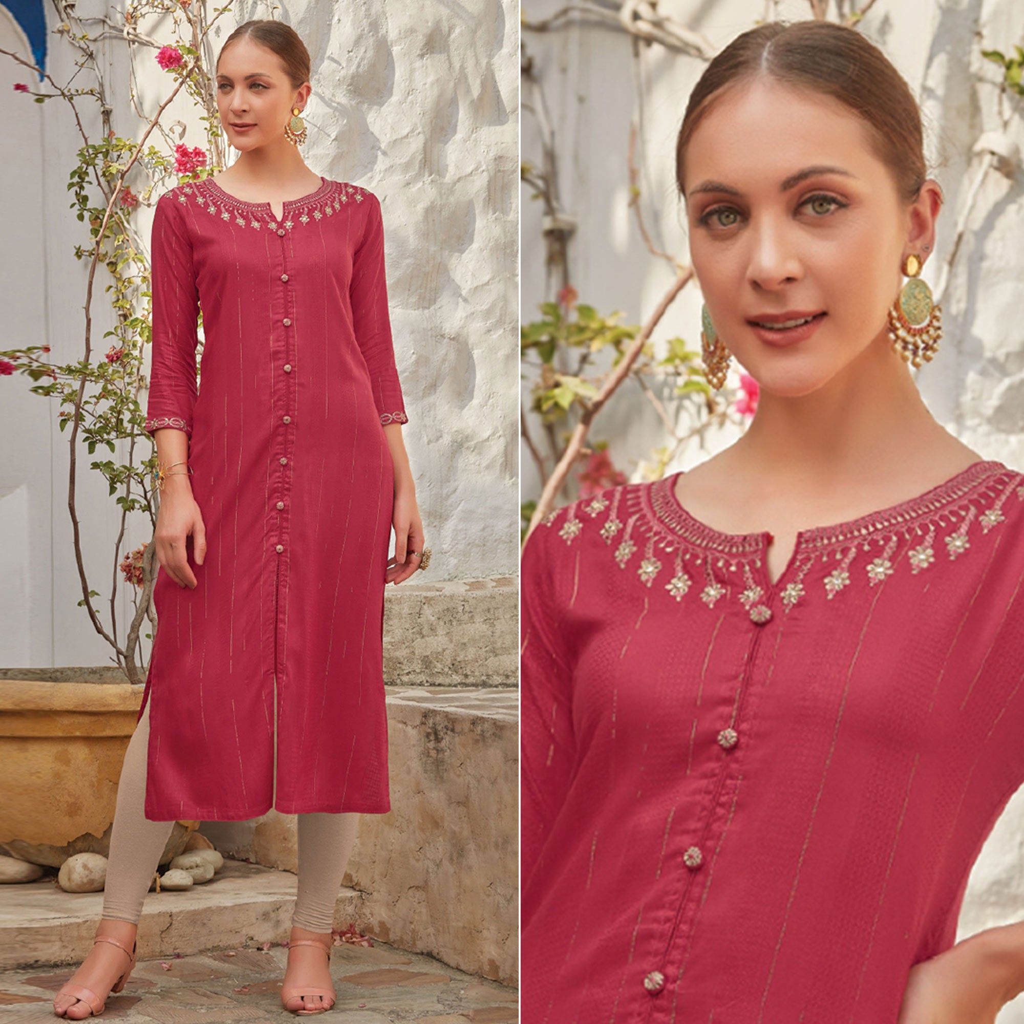 Pink Floral Embroidered Cotton Blend Kurti