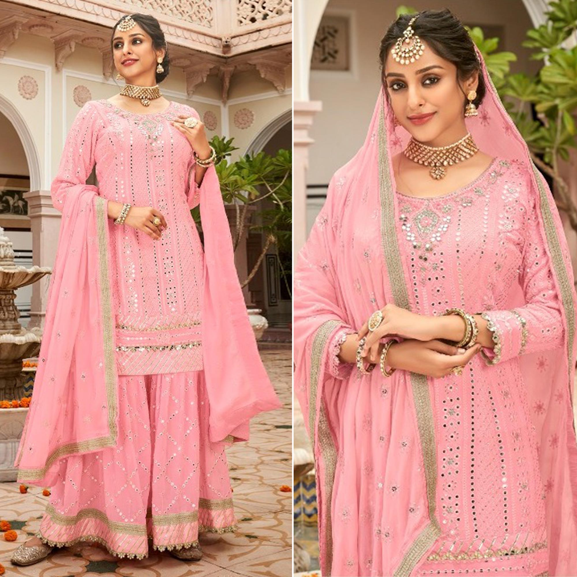 Pink Mirror Work Georgette Sharara Suit