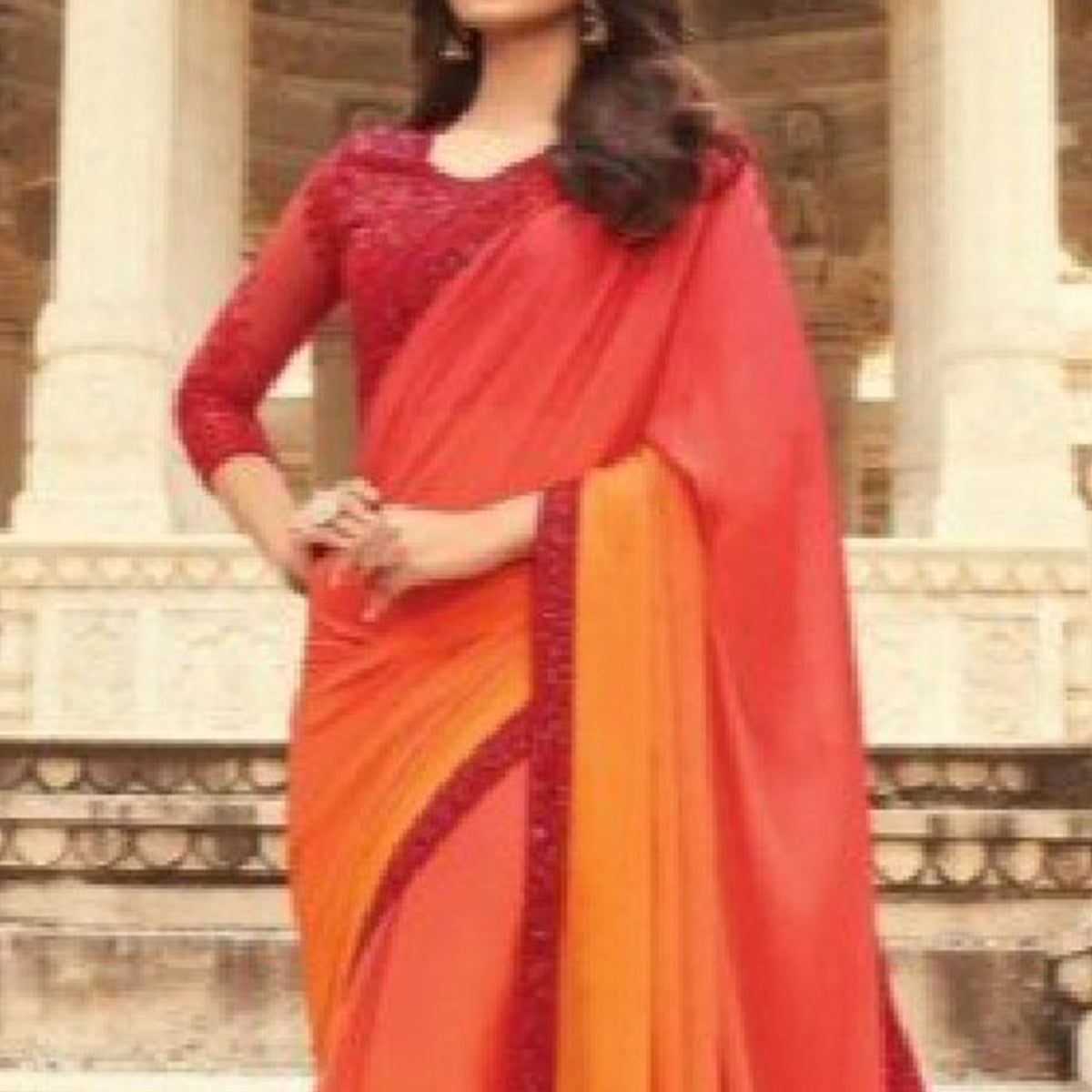 Orange & Salmon Pink Embroidered Art Silk Saree