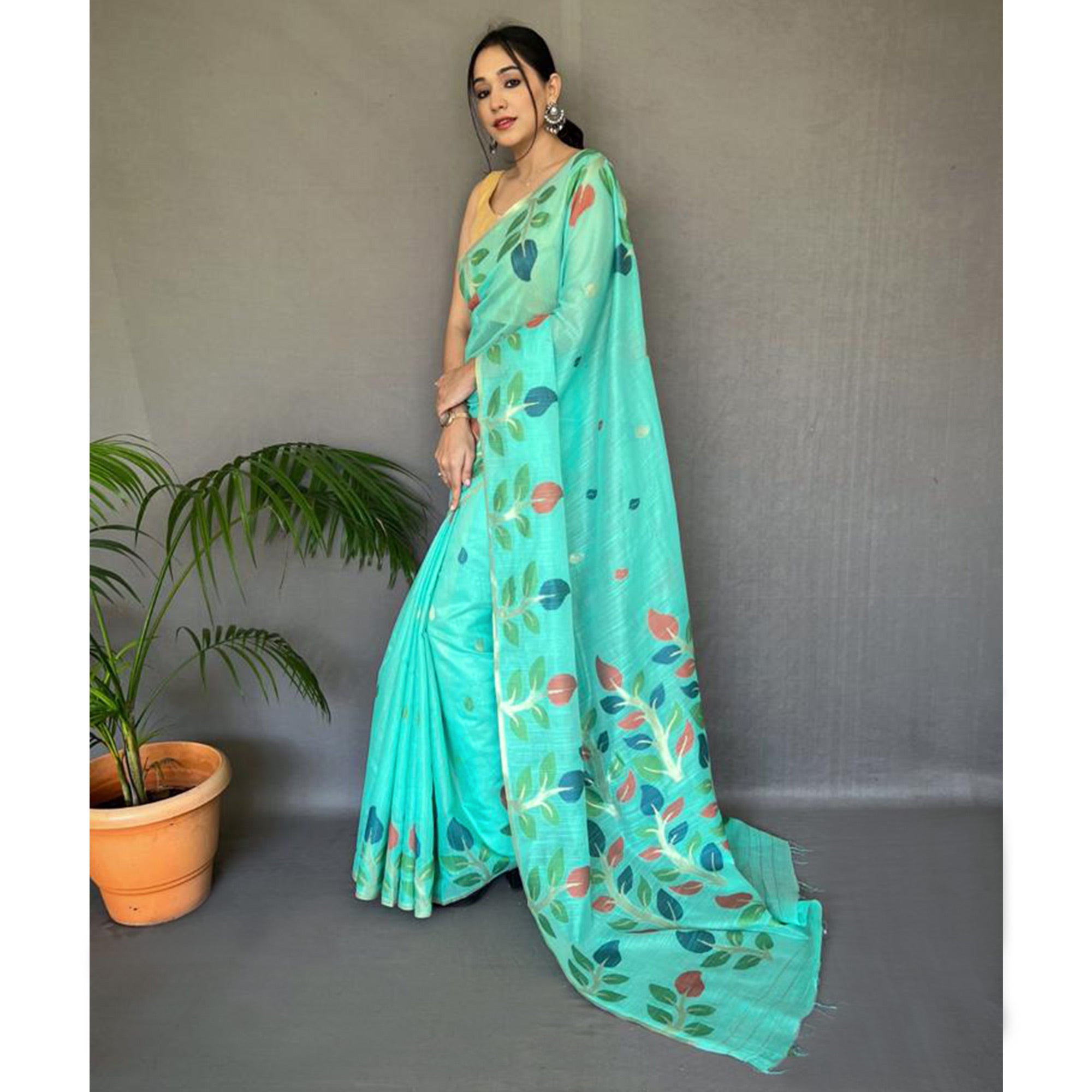 Rama Green Floral Woven Cotton Saree