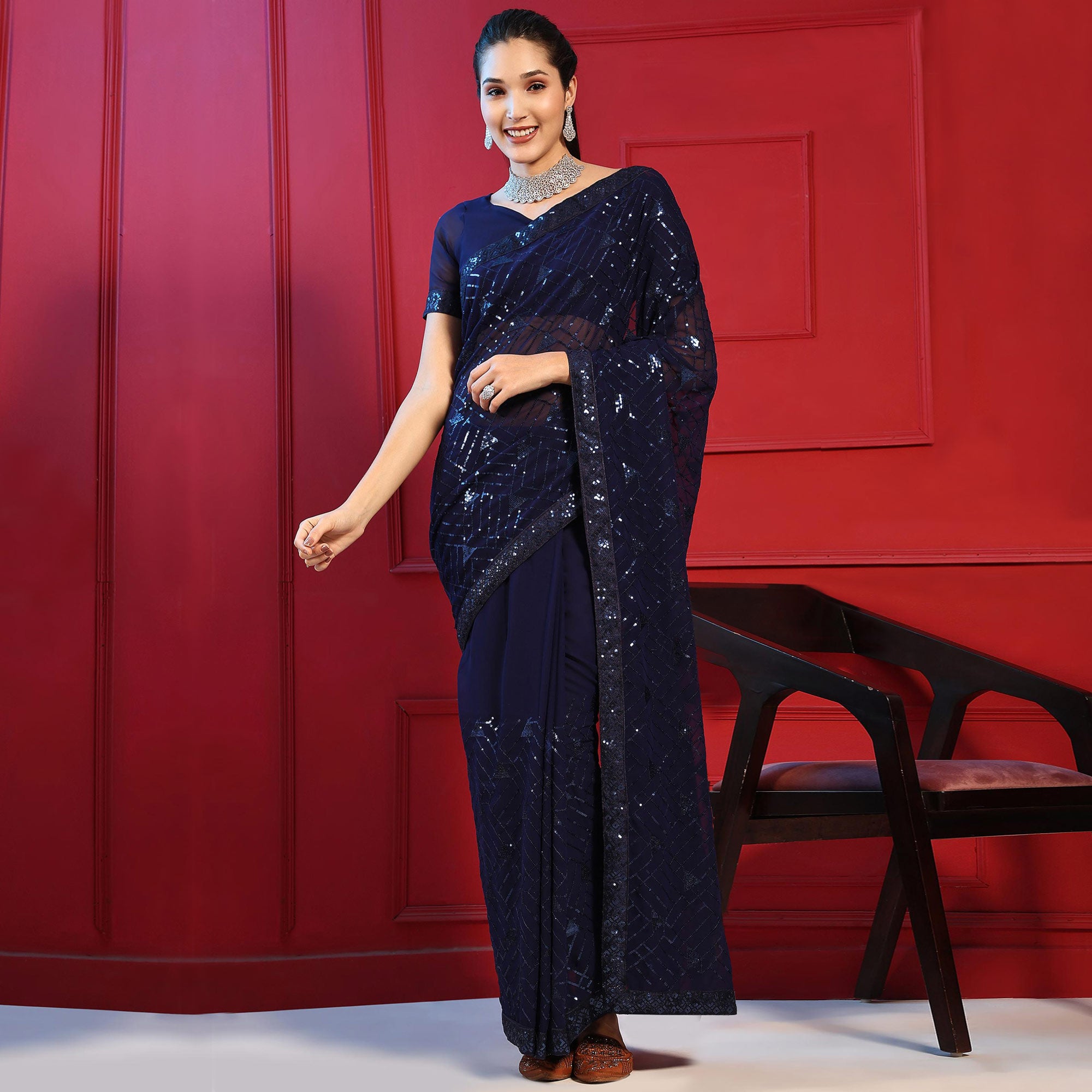 Blue Sequins Embroidered Georgette Saree