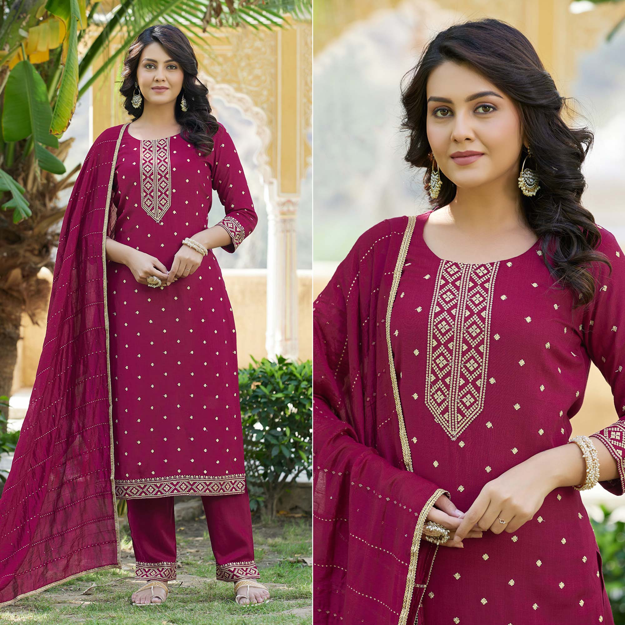 Magenta Maroon Embroidered Cotton Salwar Suit