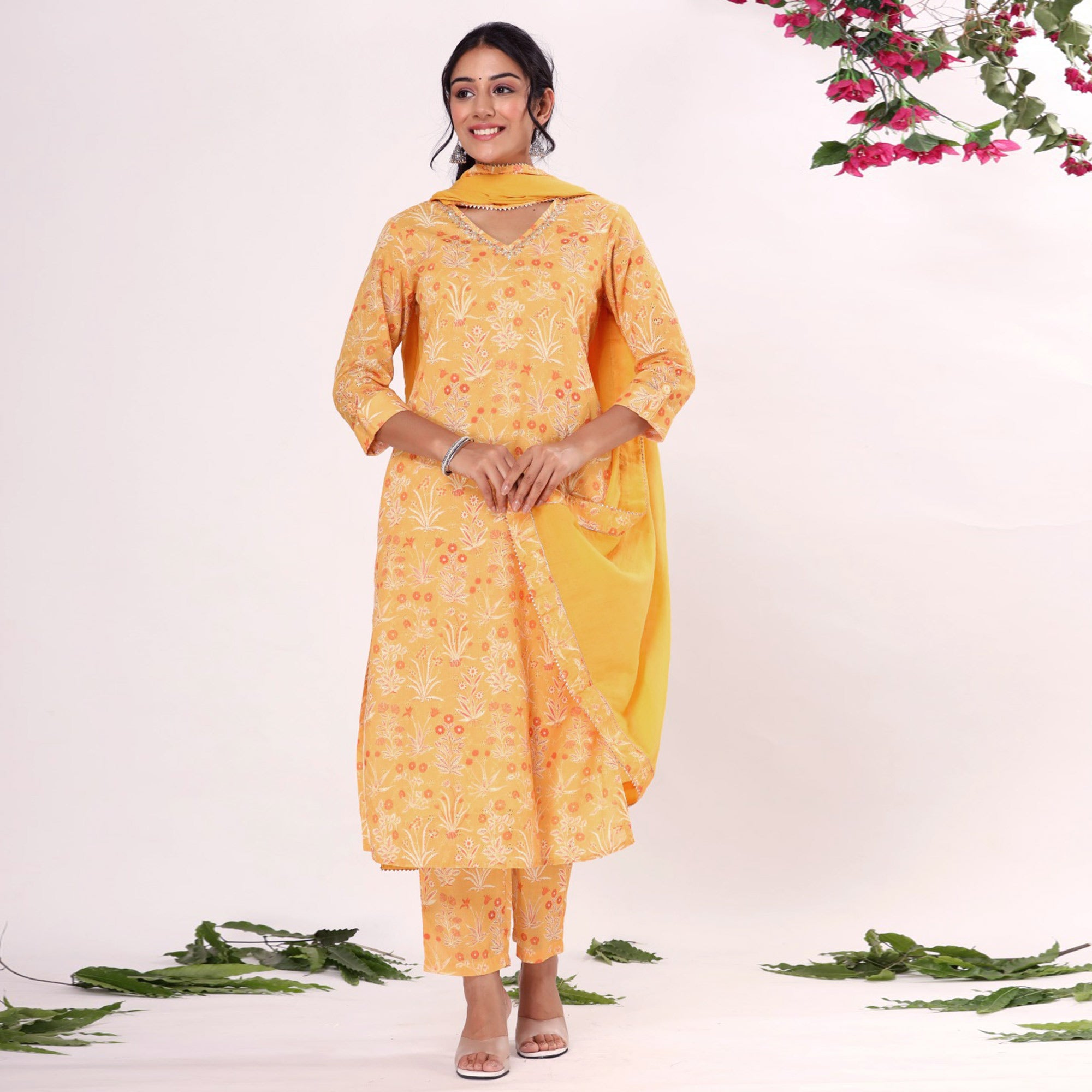 Yellow Floral Printed Pure Cotton Suit