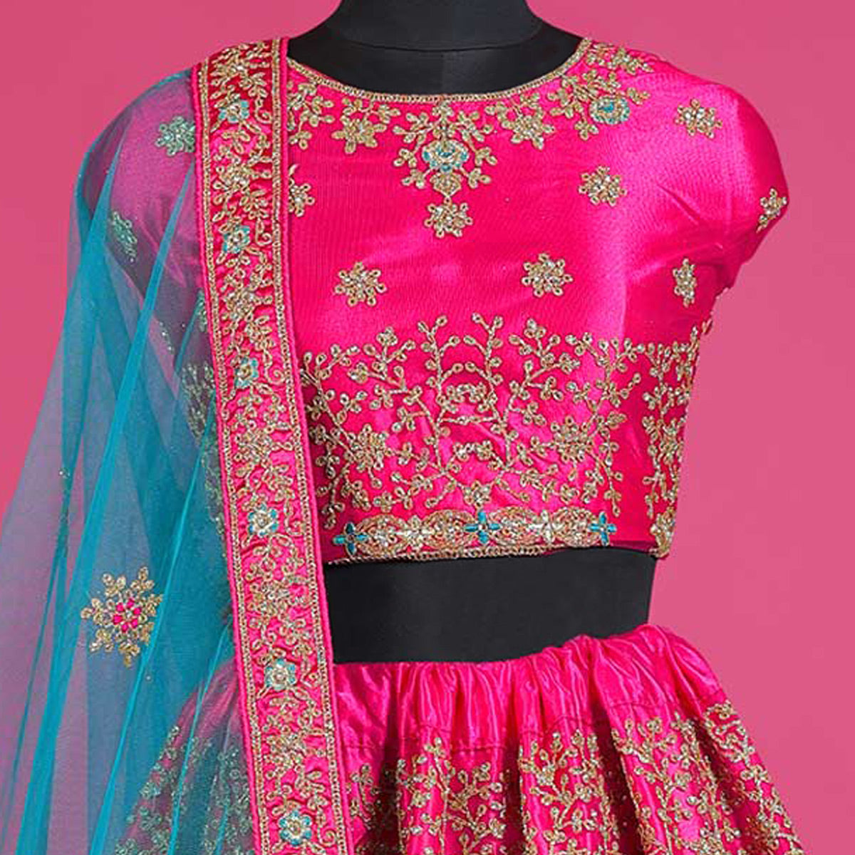 Pink Floral Embroidered Net Lehenga Choli