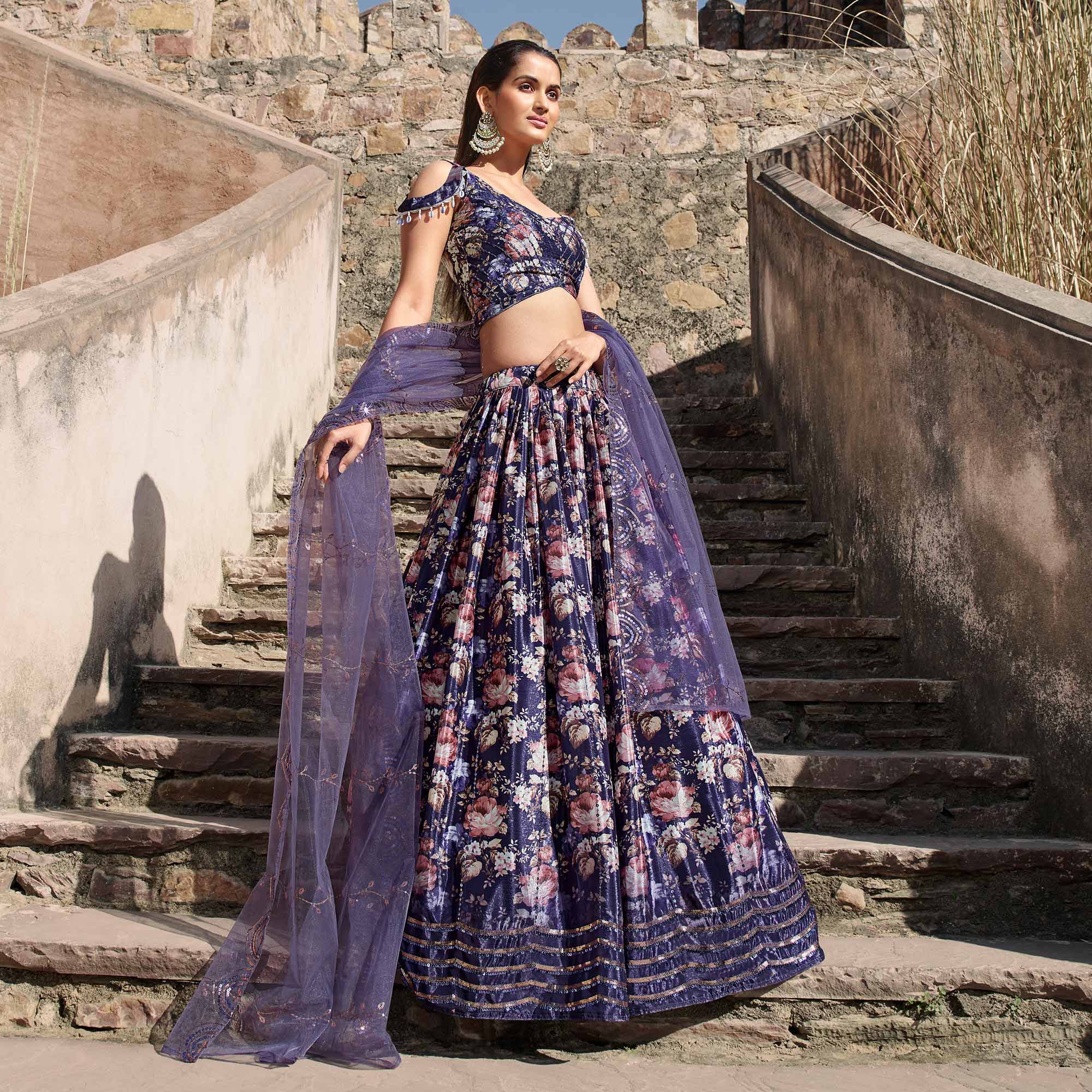 Purple Printed With Sequins Embroidered Georgette Lehenga Choli