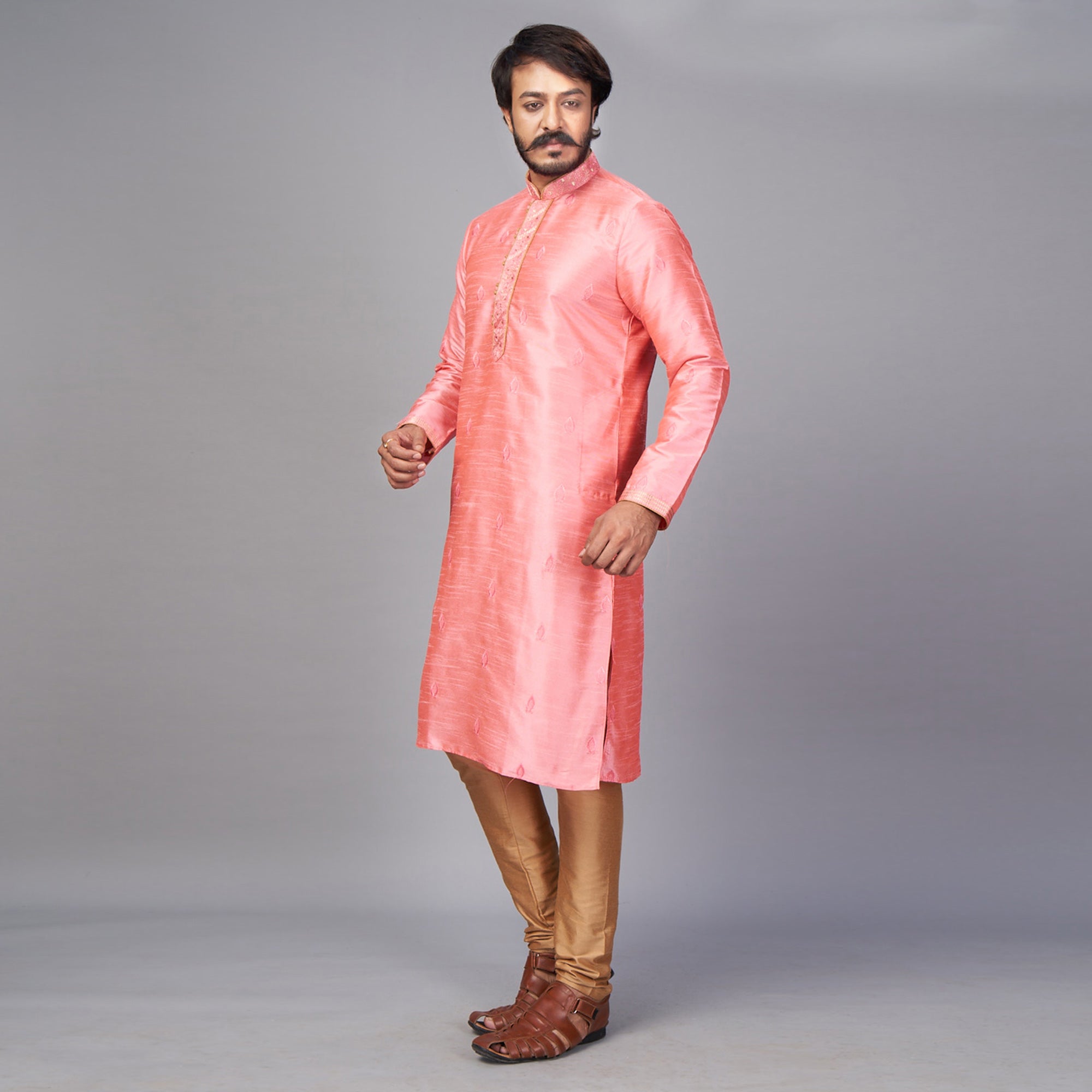 Pink Embroidered Jacquard Kurta Pyjama Set