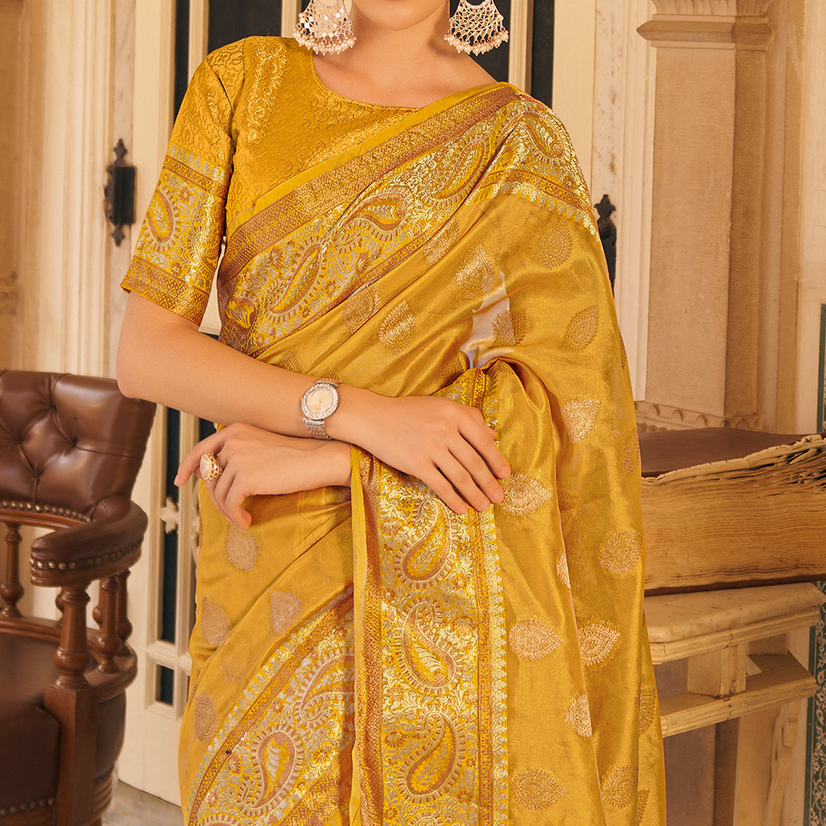 Yellow Woven Organza Saree