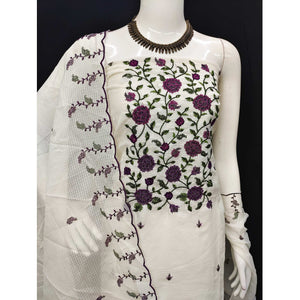 White Floral Sequins Embroidered Kota Doria Dress Material