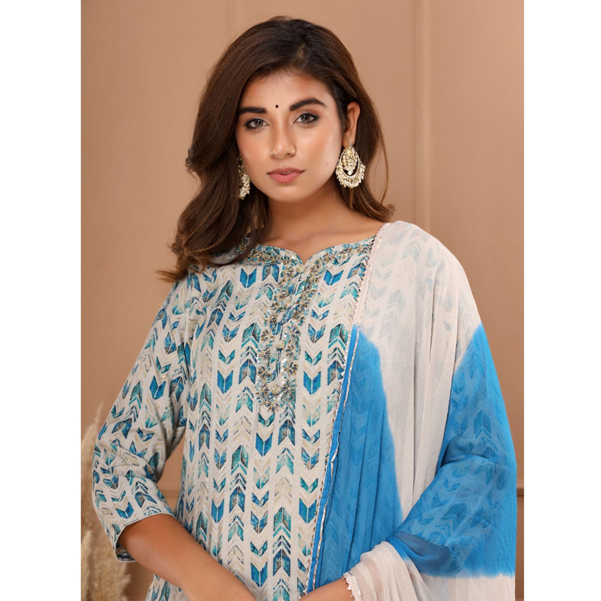 White-Blue Printed Muslin Salwar Suit