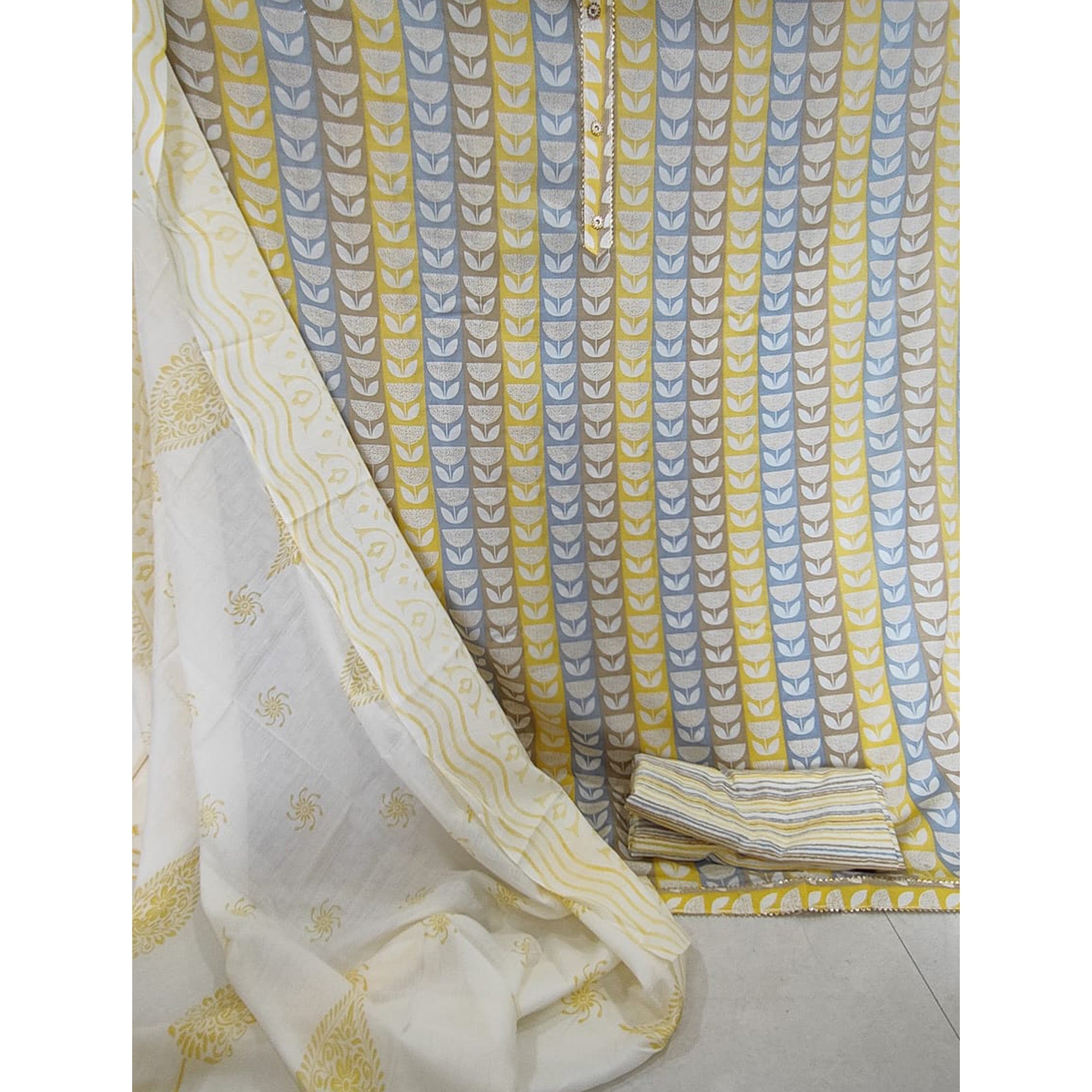 Yellow Printed Cotton Blend Dress Material