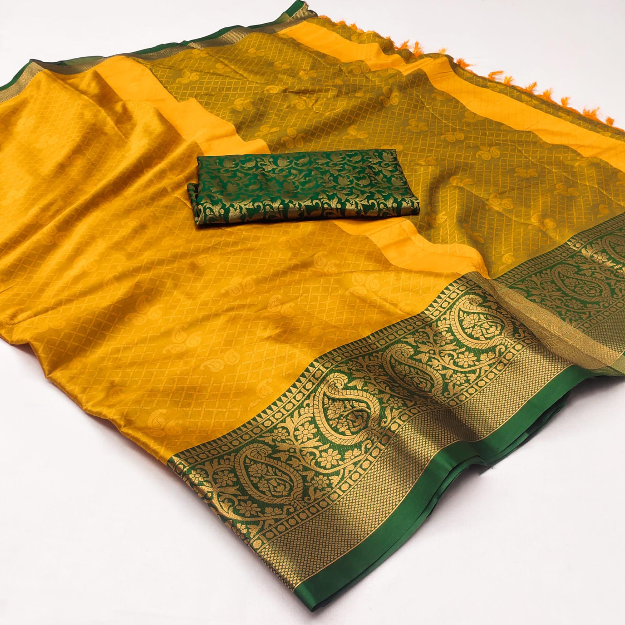 Golden Woven Cotton Silk Saree With Tassels