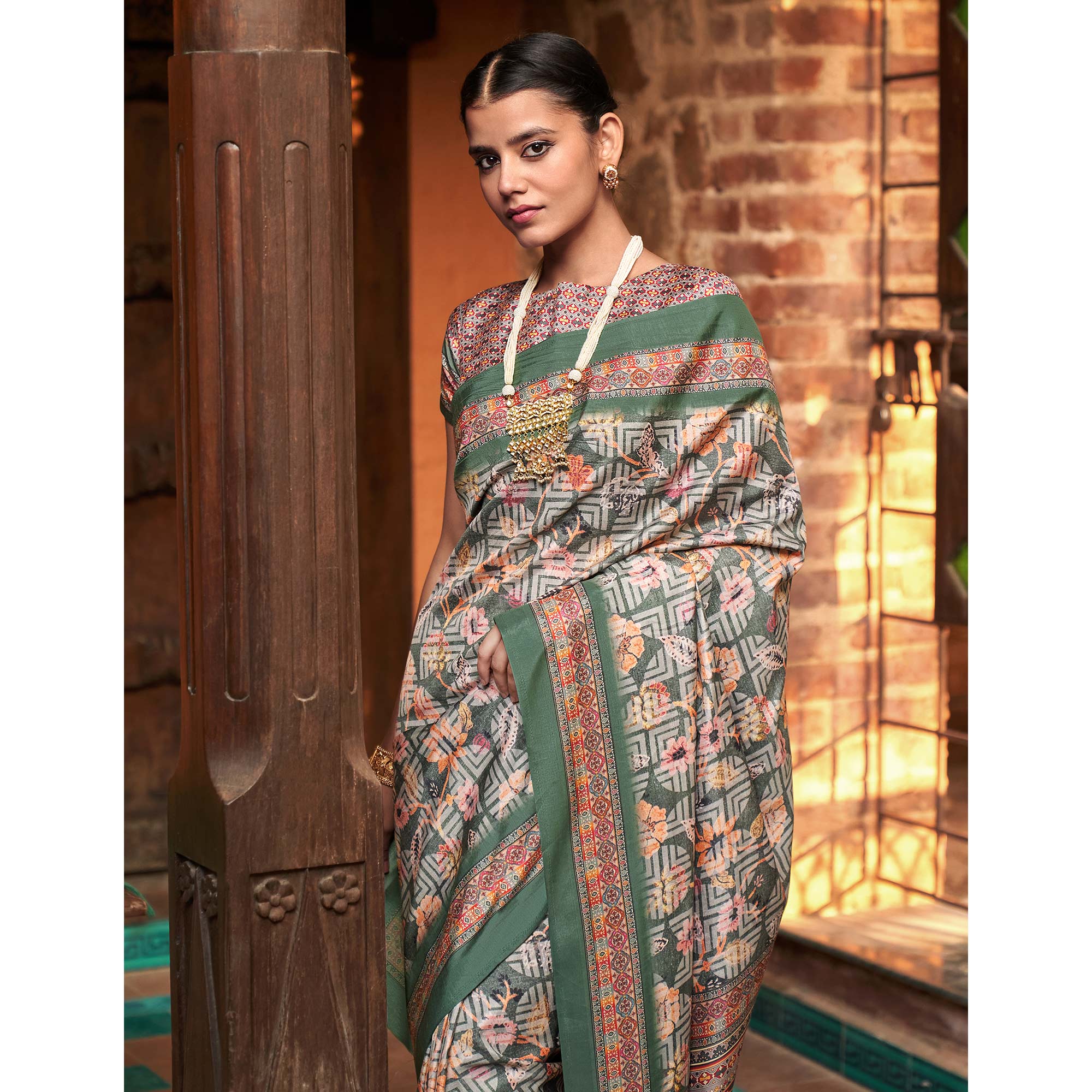 Green Digital Printed Satin Saree