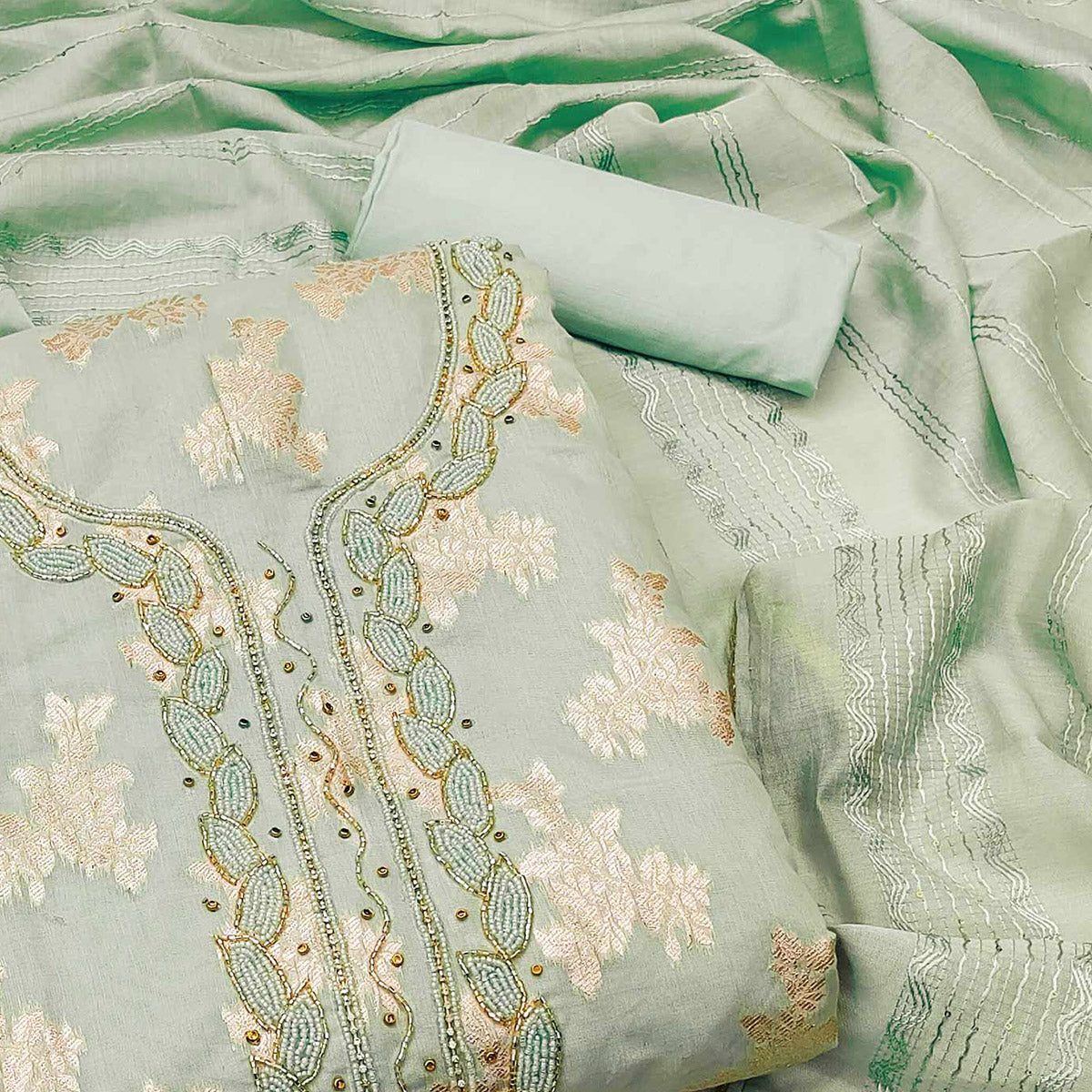 Green Woven With Handwork Banarasi Silk Dress Material