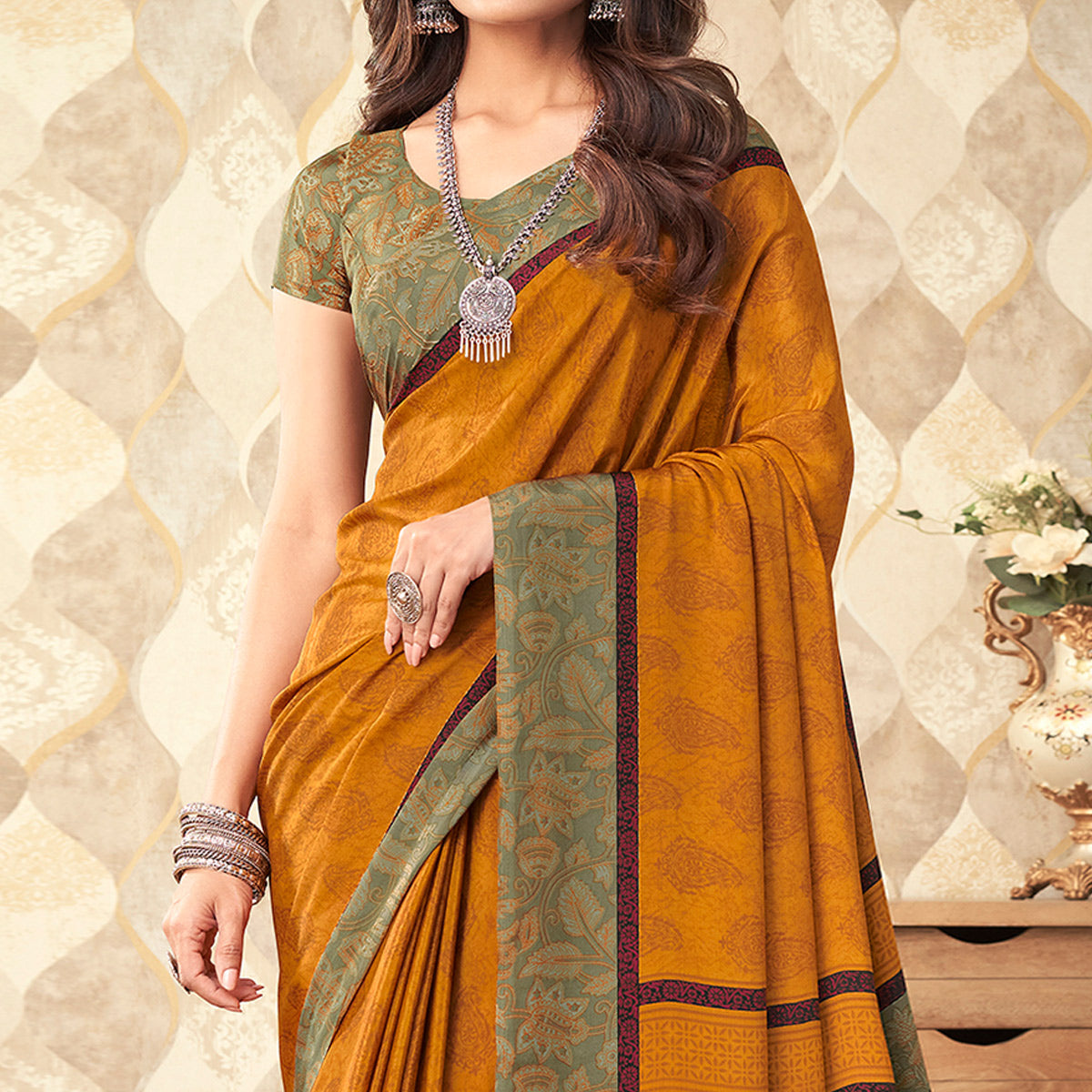 Mustard Printed Crepe Saree
