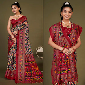 Black Printed Jute Patola Saree With Tassels