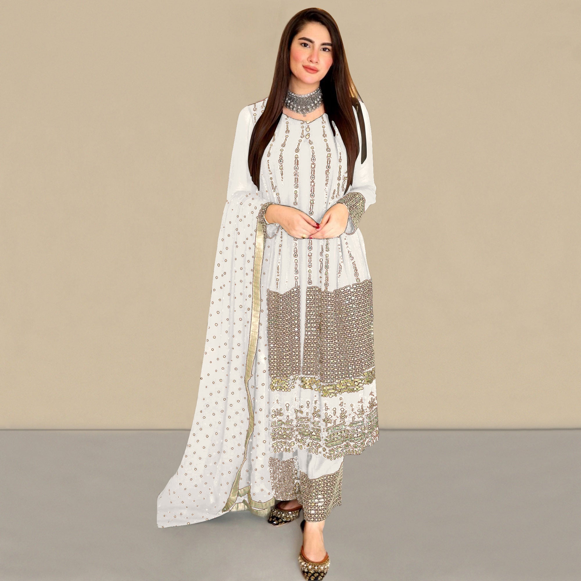 White Sequins Embroidered Georgette Pakistani Suit