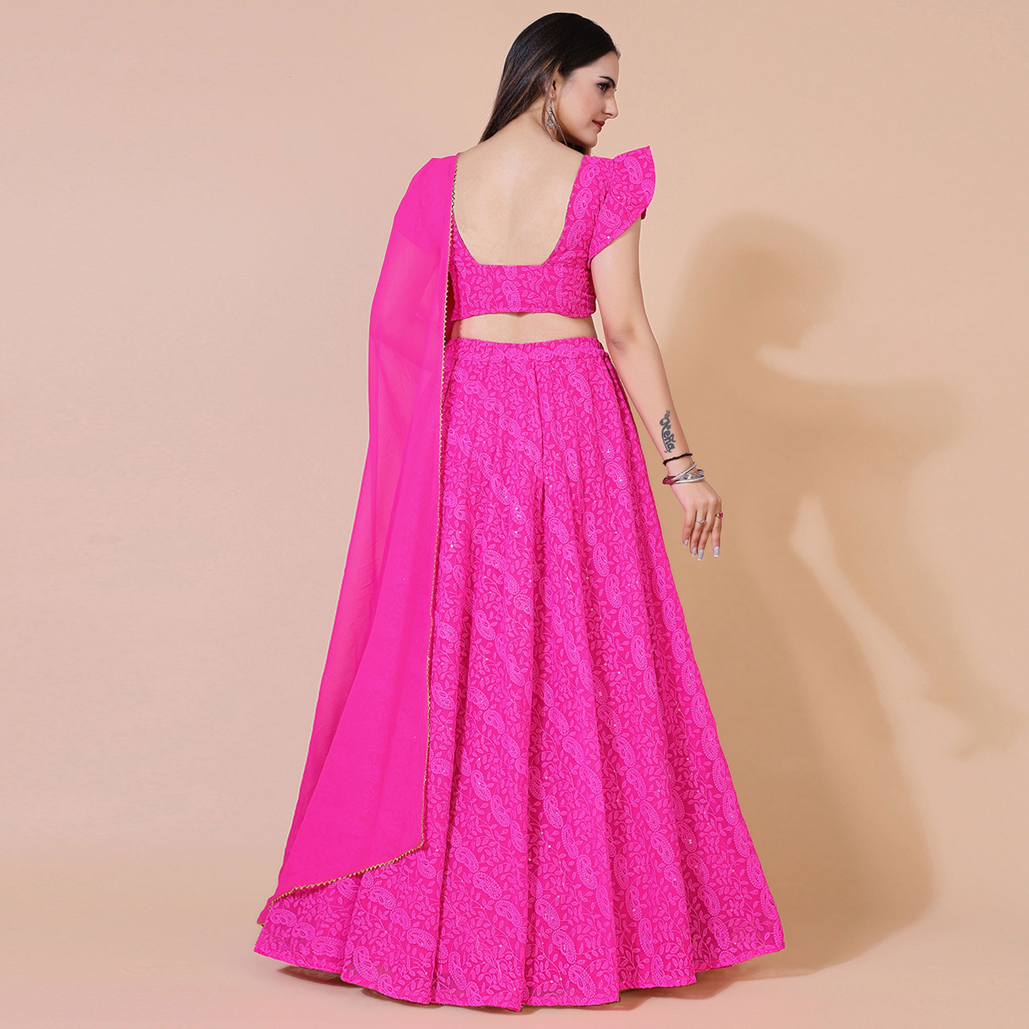 Pink Lucknowi Chikankari Work Georgette Lehenga Choli