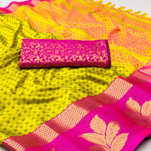 Lemon Yellow Woven Cotton Silk Saree With Tassels