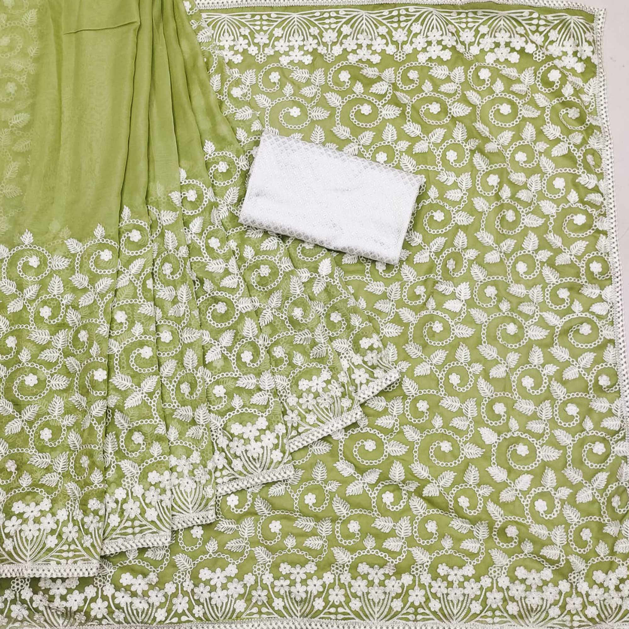 Olive Green Lucknowi Embroidered Organza Saree