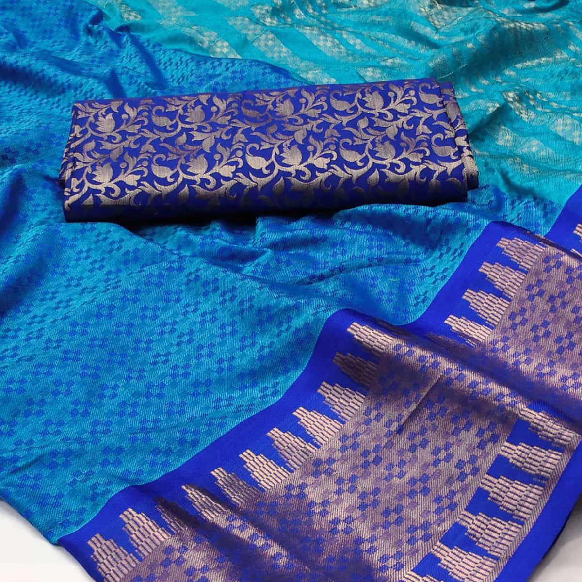 Firozi Blue Woven Cotton Silk Saree With Tassels