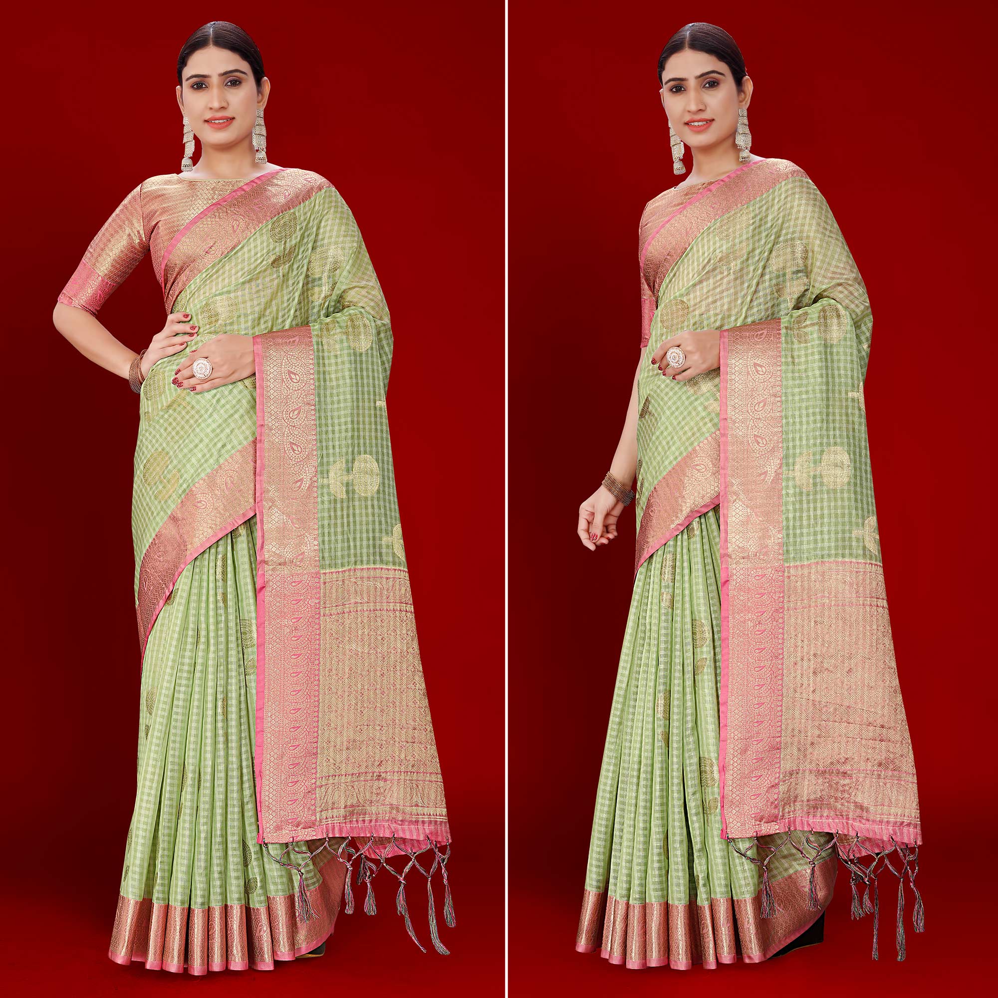 Green Floral Woven Organza Saree With Tassels