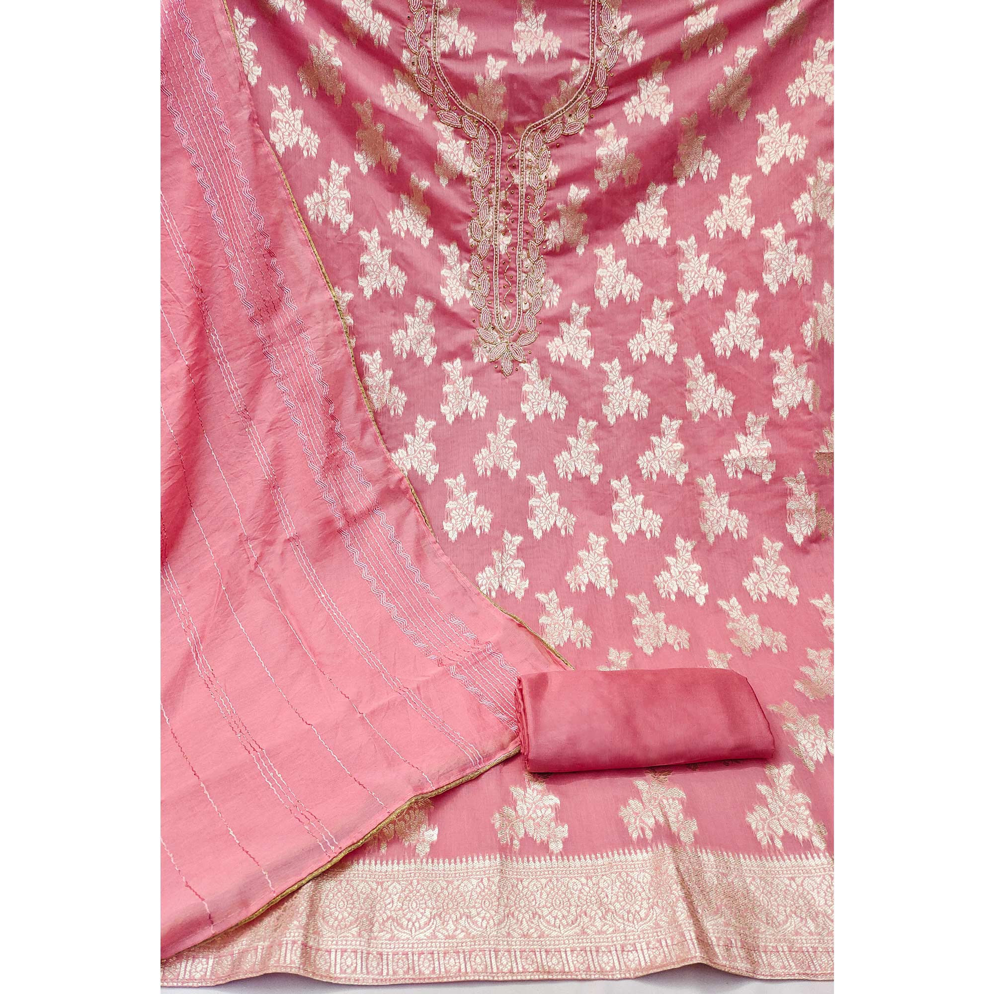 Pink Woven With Handwork Banarasi Silk Dress Material