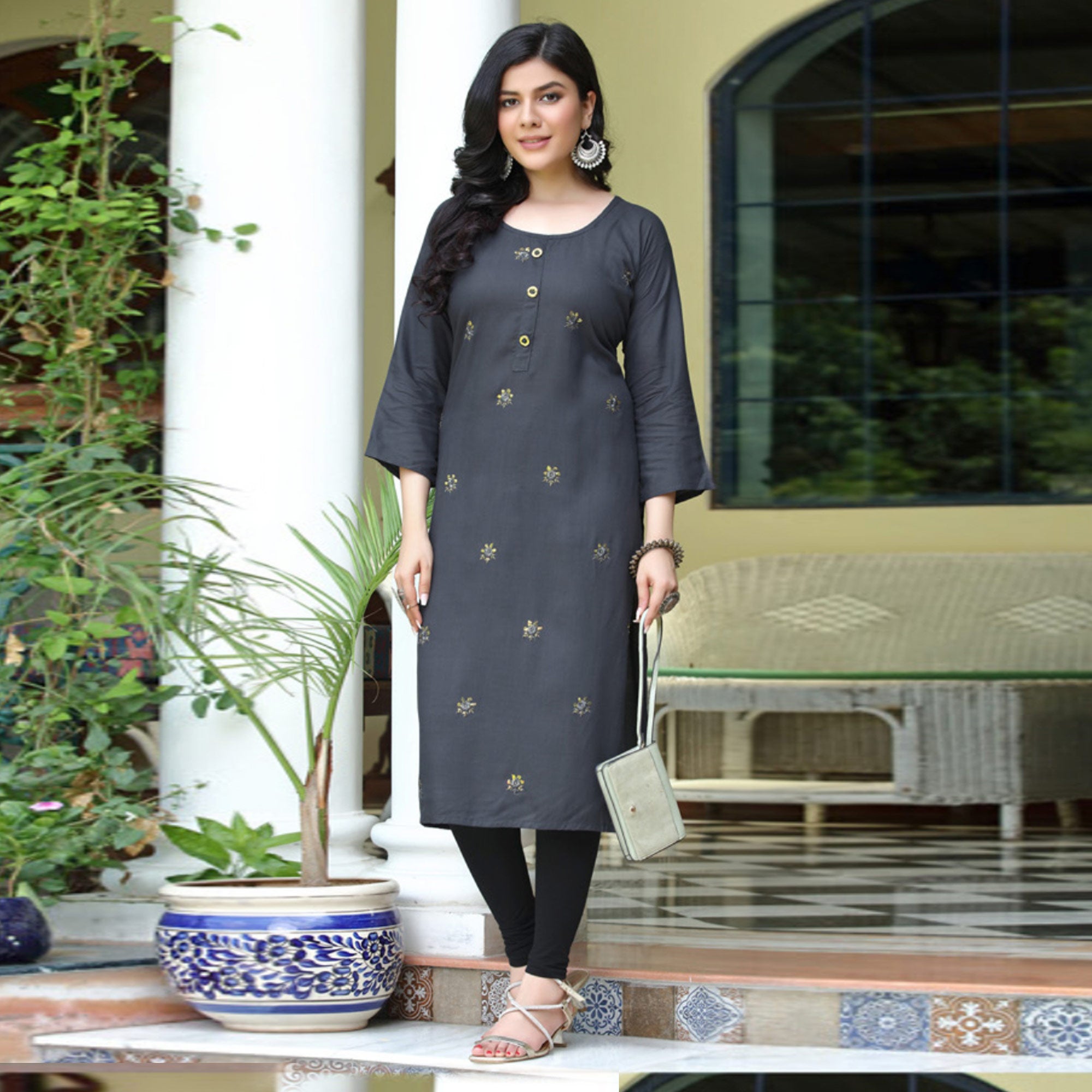 Grey Embroidered Rayon Kurti