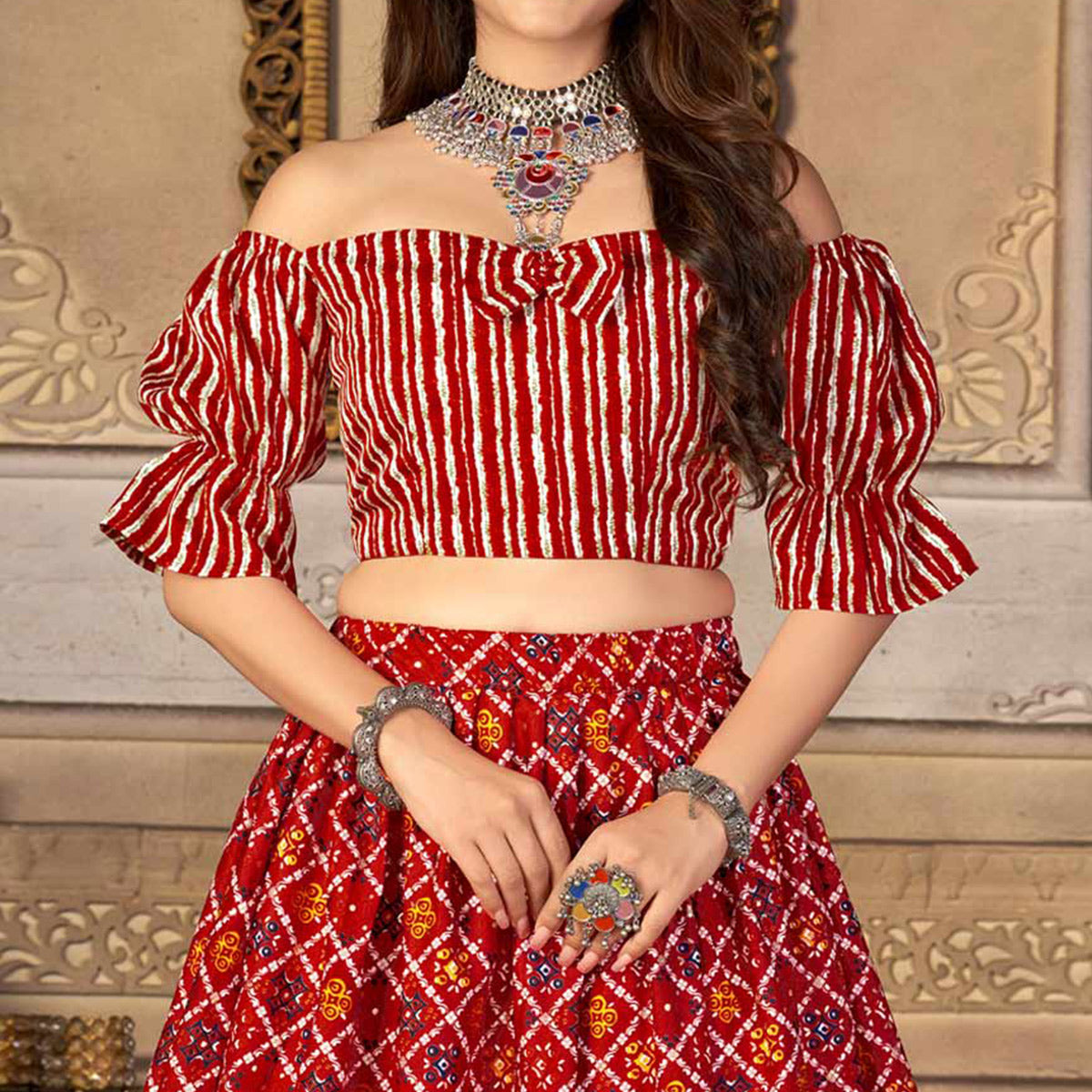 Red Printed Crepe Top Skirt Set