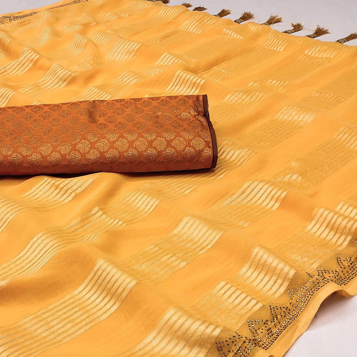 Yellow Striped With Stone Work Georgette Saree