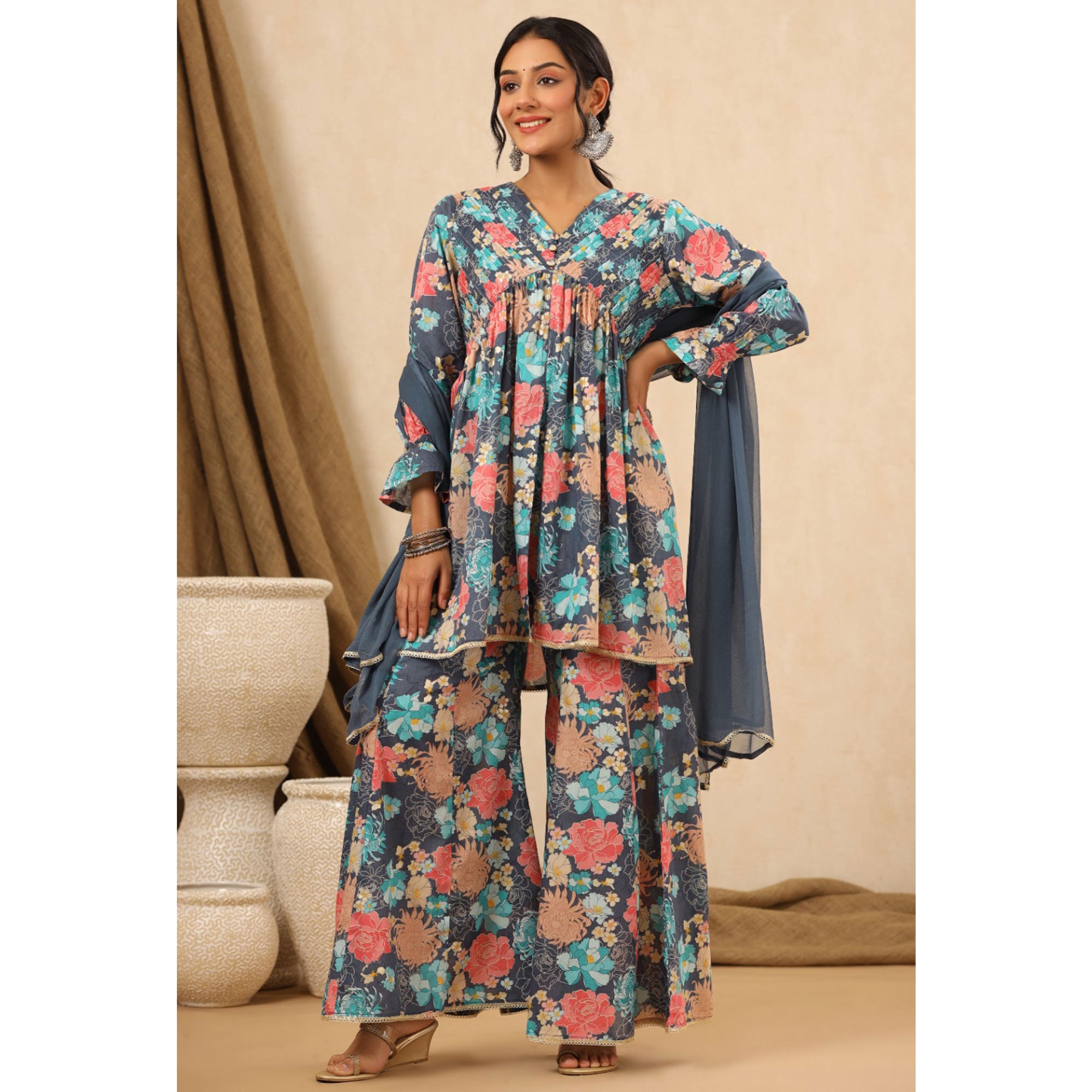 Grey Floral Printed Muslin Sharara Suit