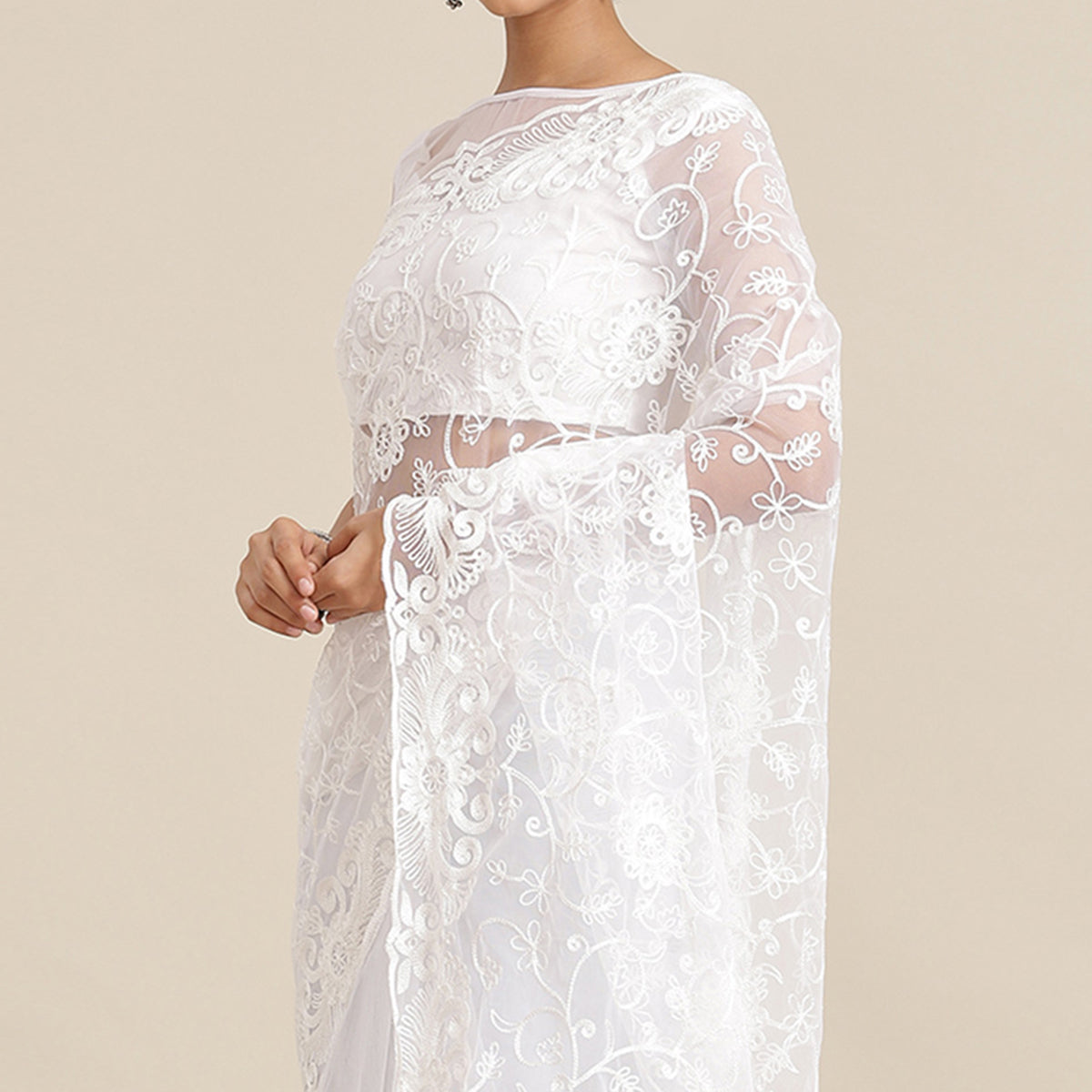 White Floral Embroidered Net Saree