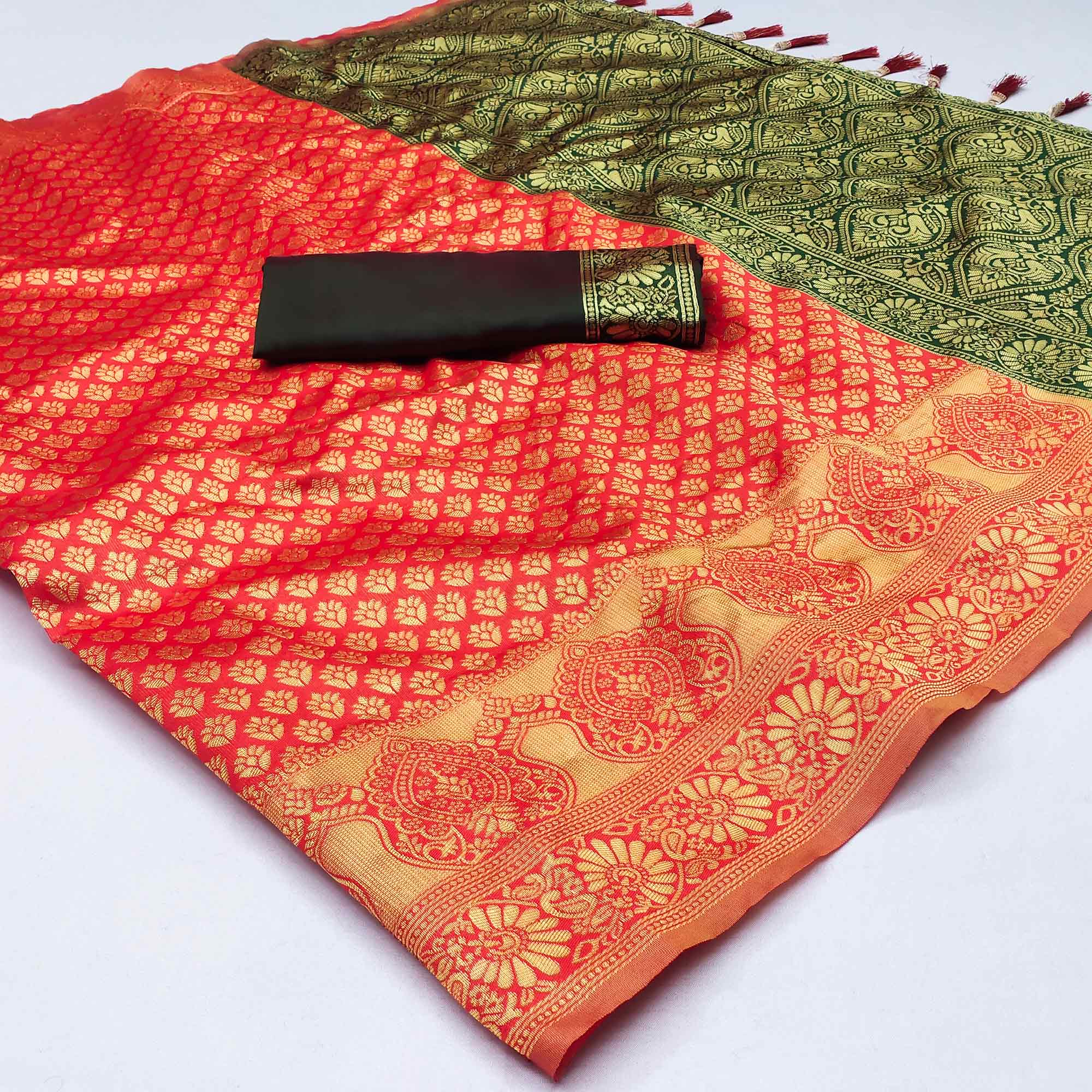 Red Woven Banarasi Silk Saree With Tassels