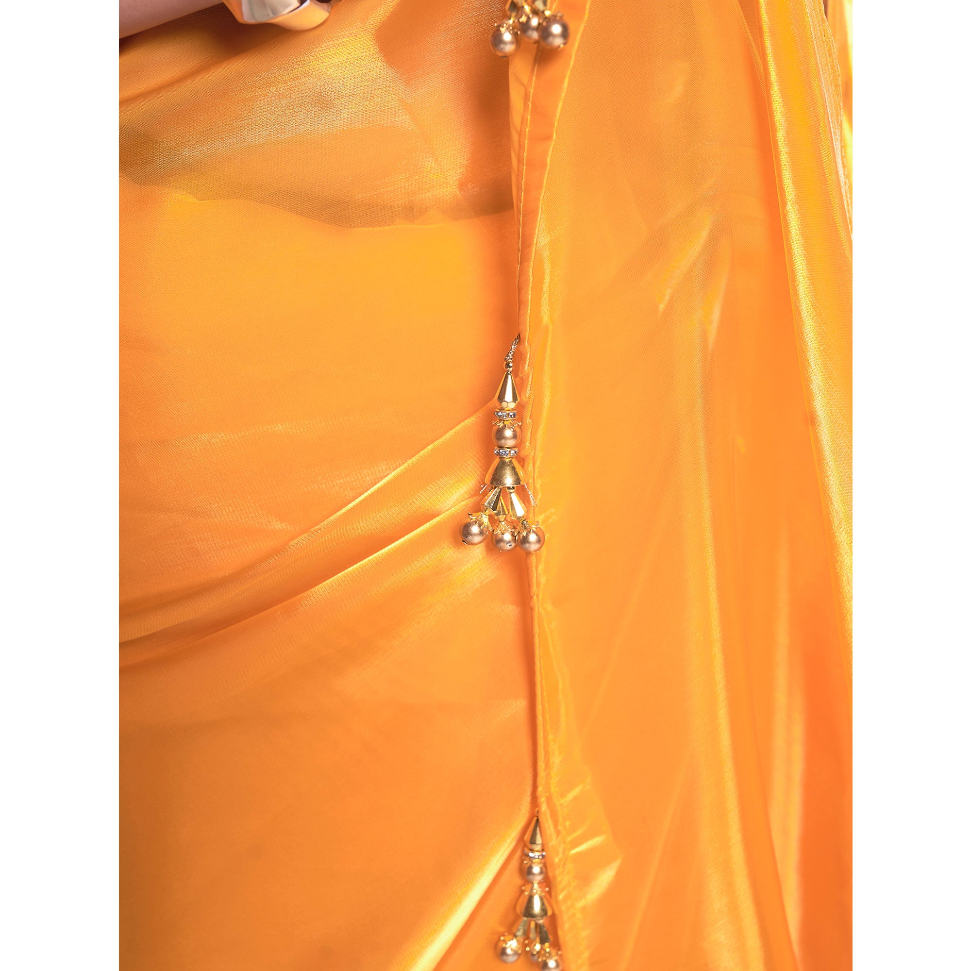 Mustard Solid Organza Saree With Tassels