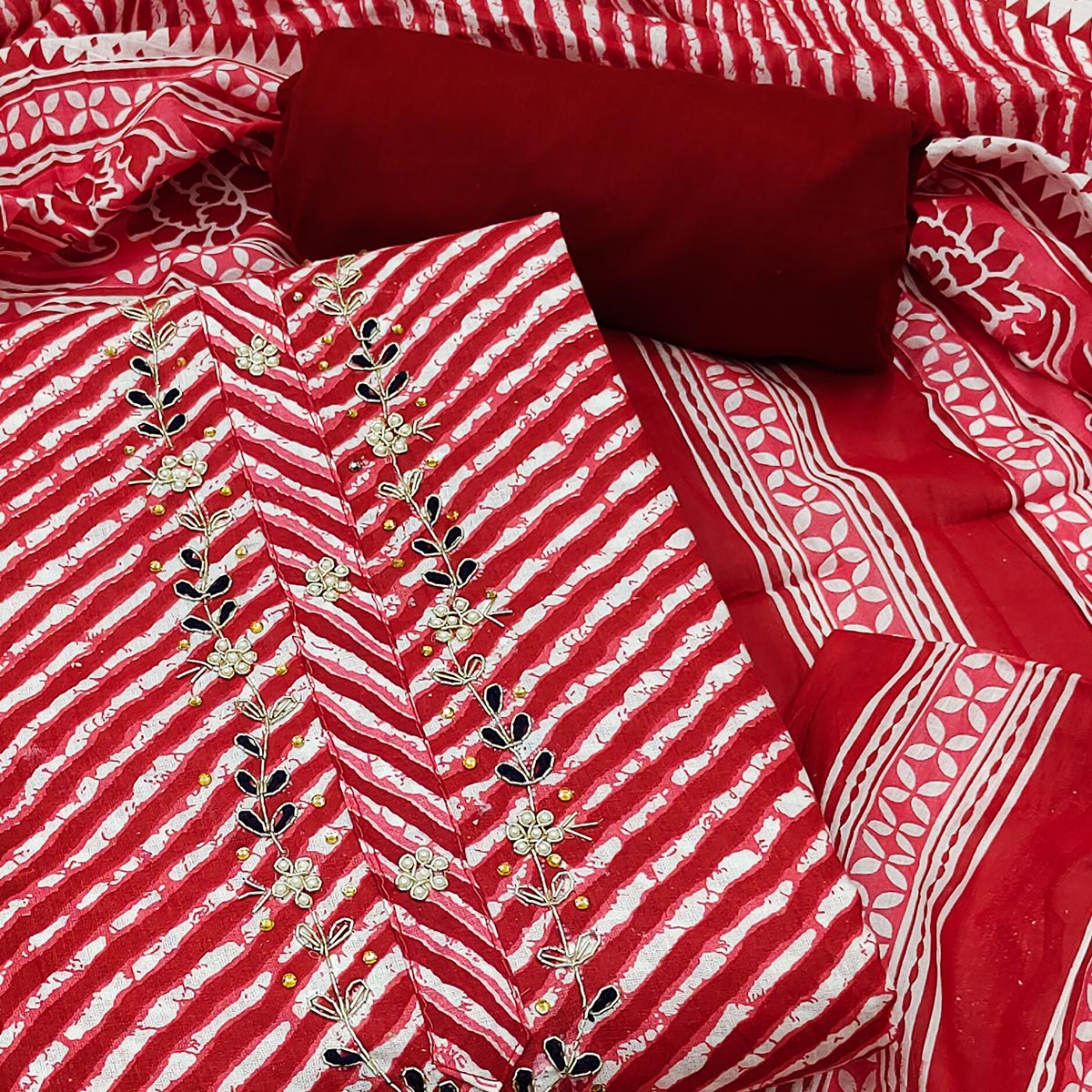 Red Striped Printed Pure Cotton Dress Material