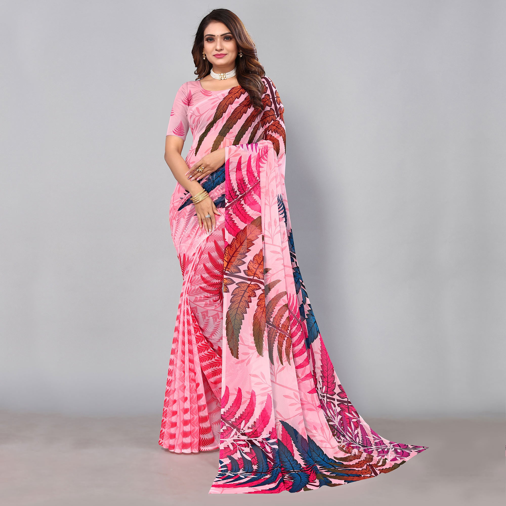 Pink Digital Printed Georgette Saree