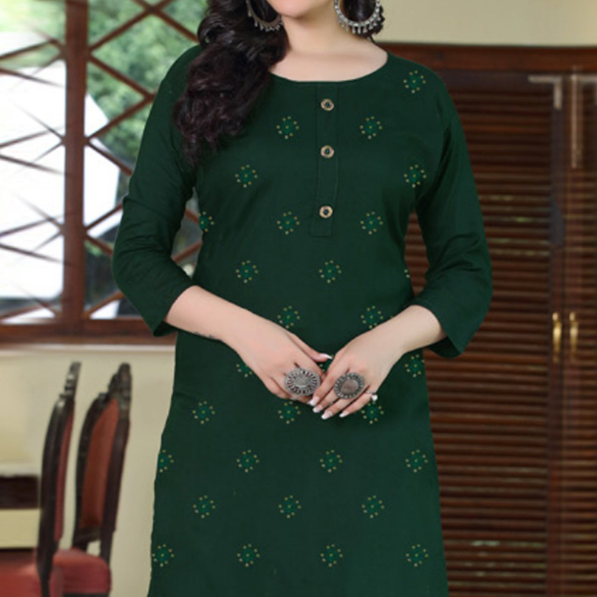 Green Embroidered Rayon Kurti