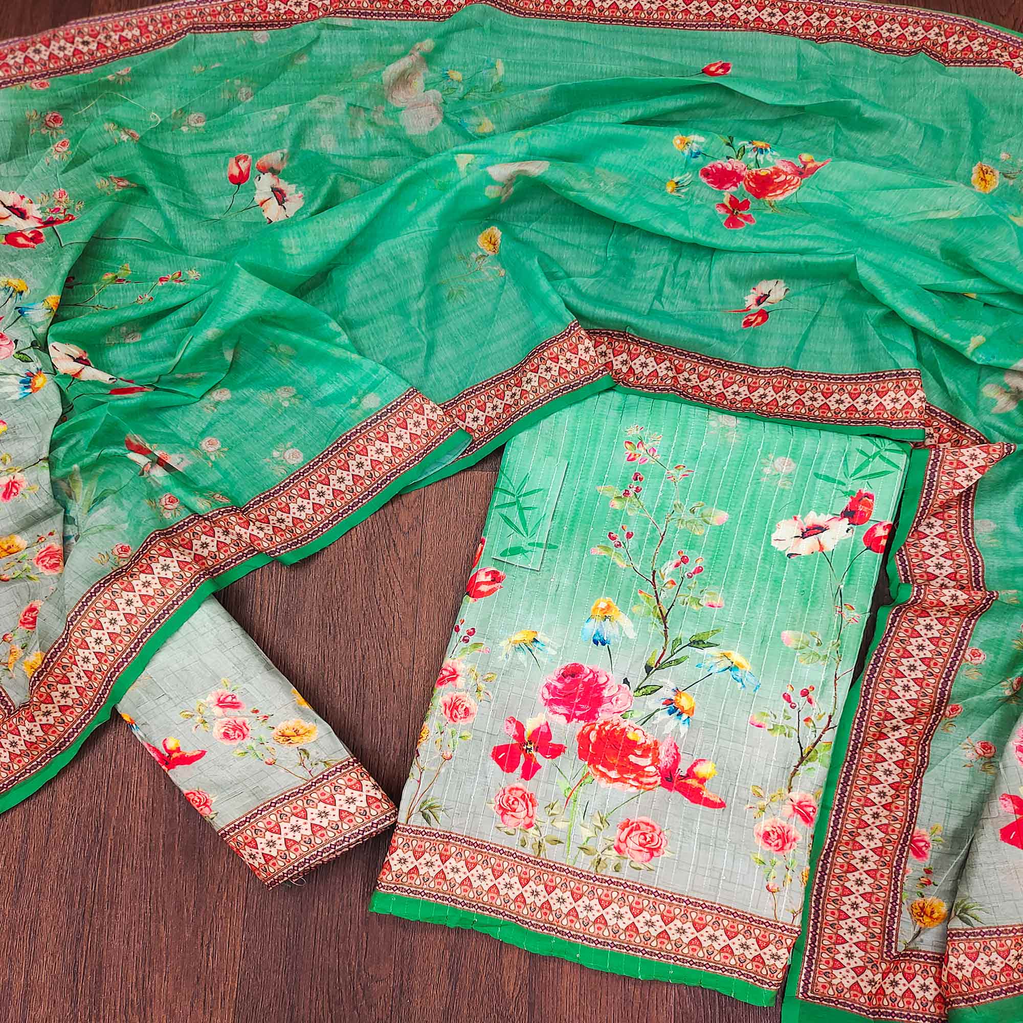 Green Floral Digital Printed Muslin Dress Material