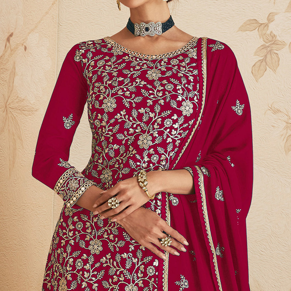 Red Sequins Embroidered Georgette Semi Stitched Sharara Suit