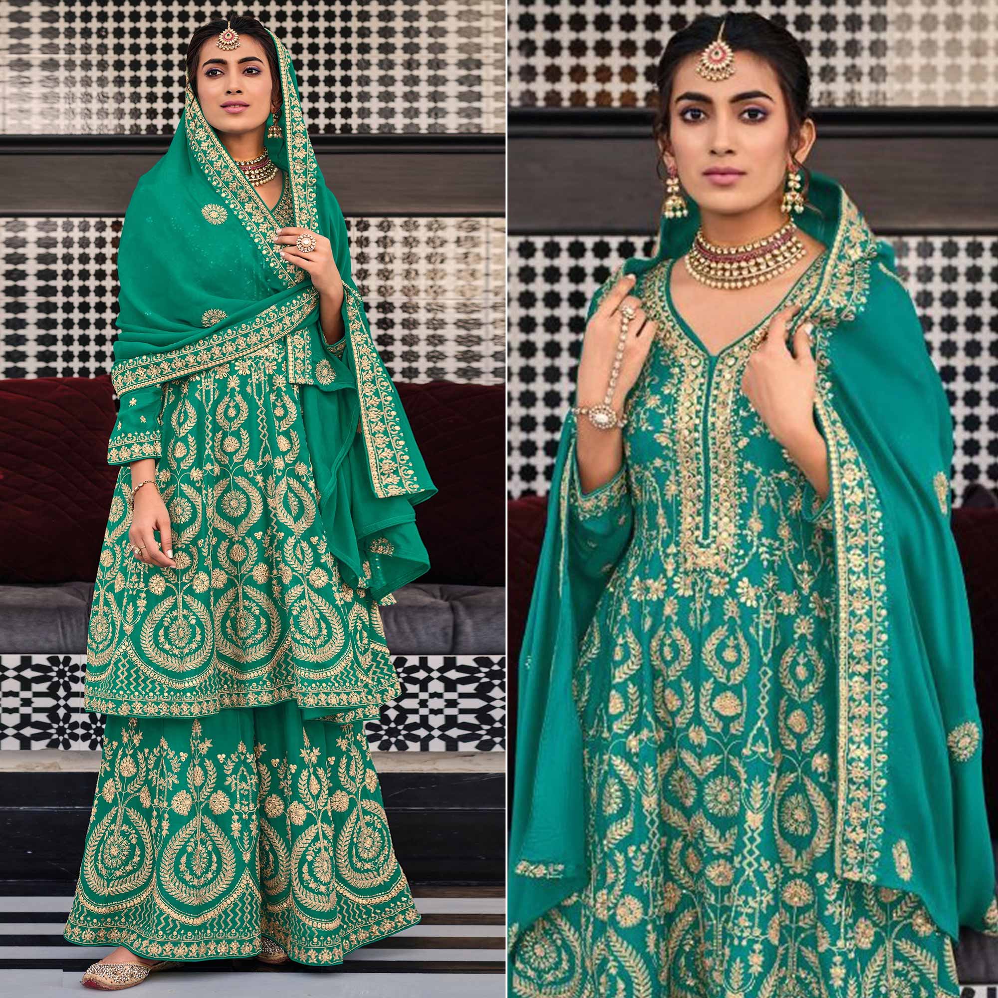 Sea Blue Floral Embroidered Georgette Sharara Suit