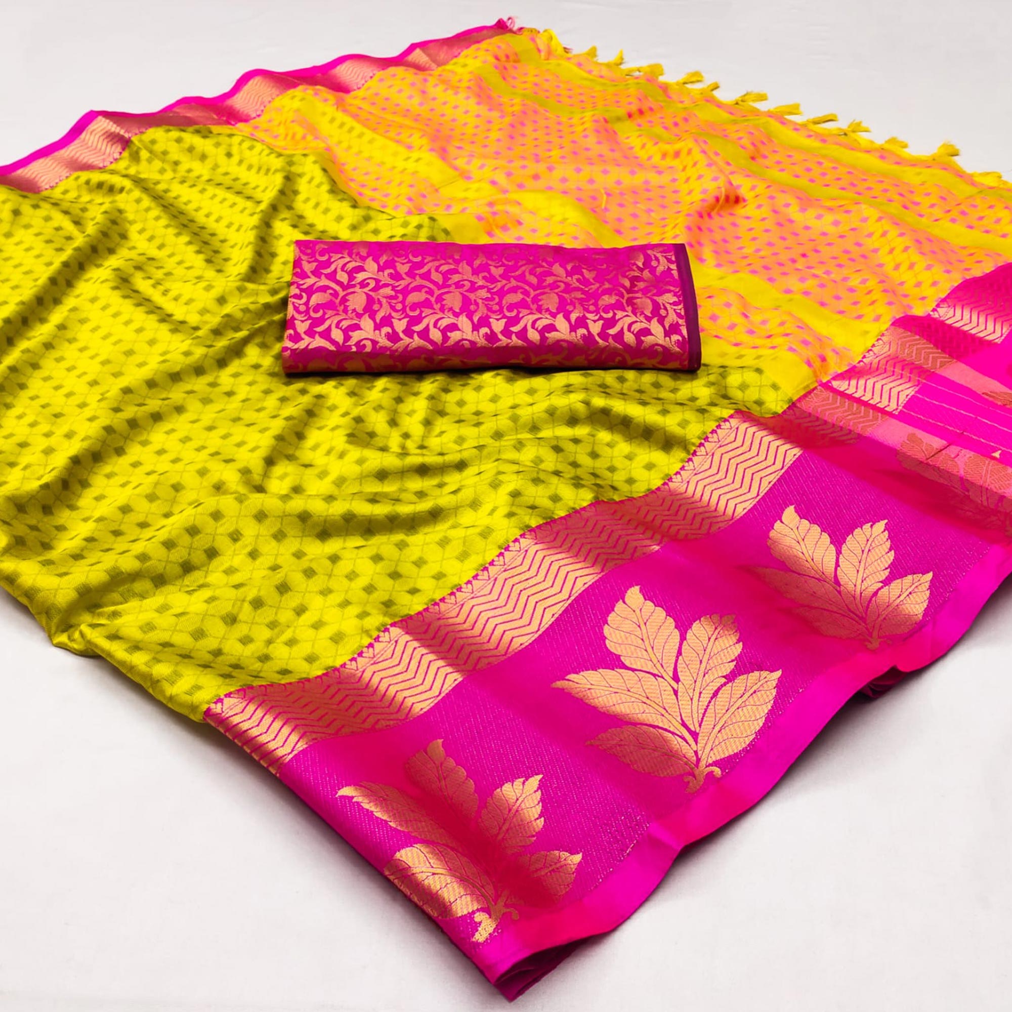 Lemon Yellow Woven Cotton Silk Saree With Tassels