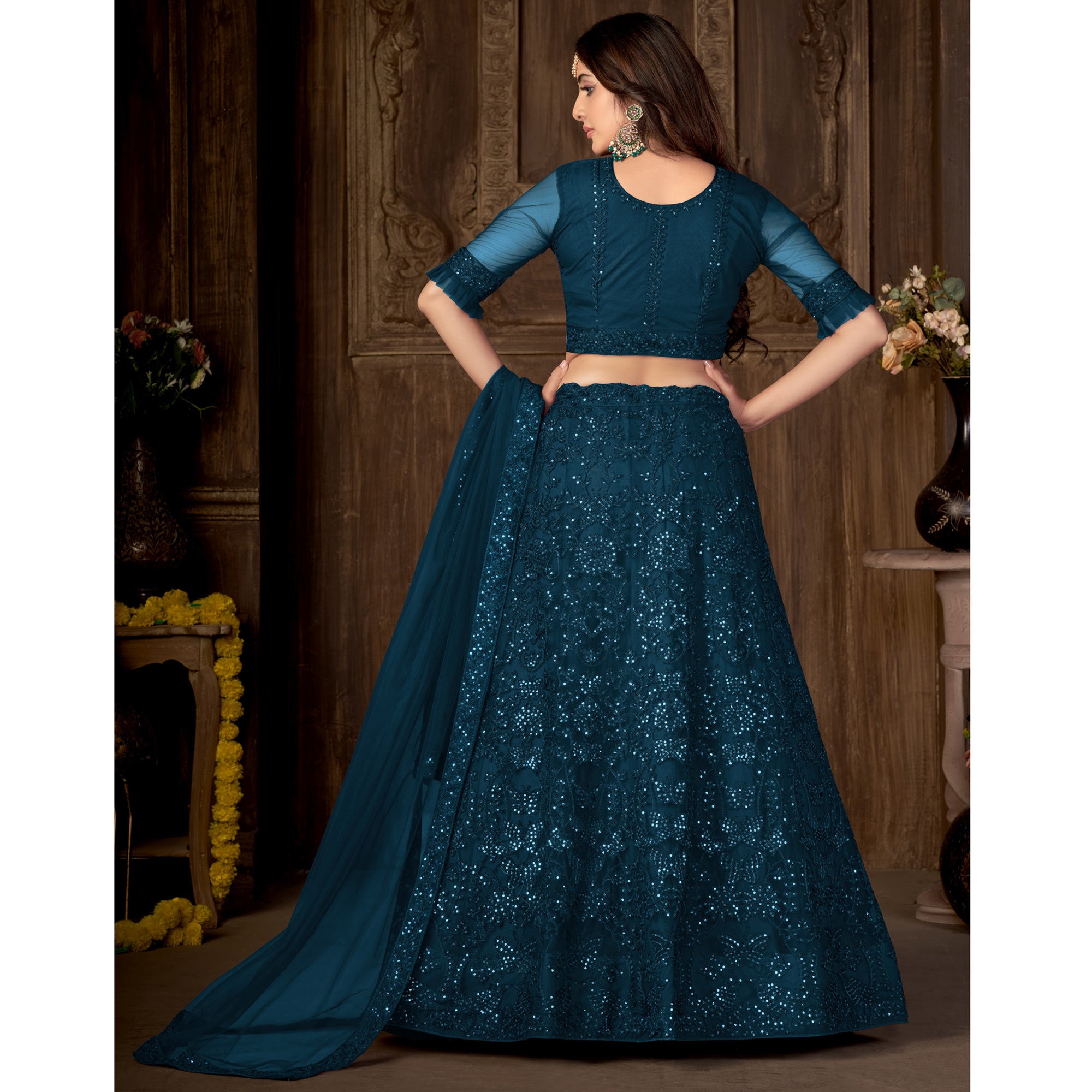 Teal Blue Sequins Embroidered Netted Lehenga Choli