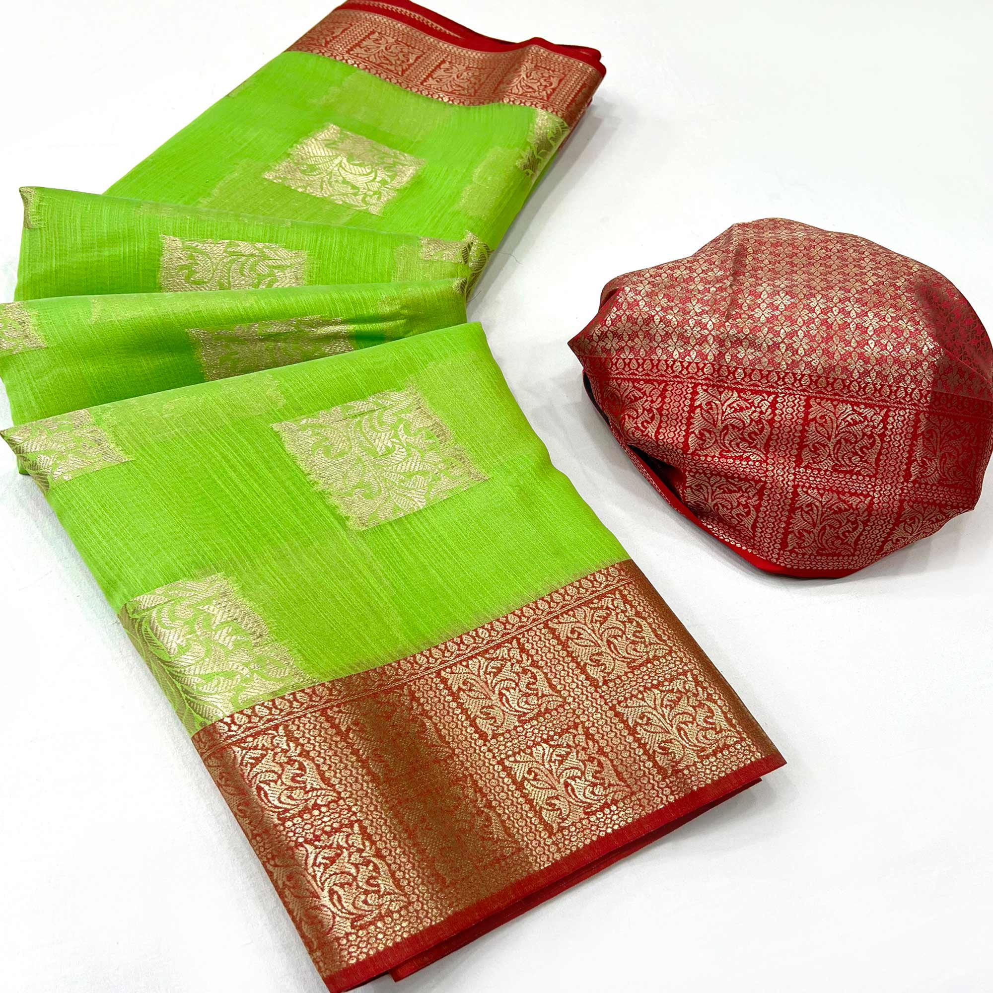 Green Woven Linen Saree With Tassels