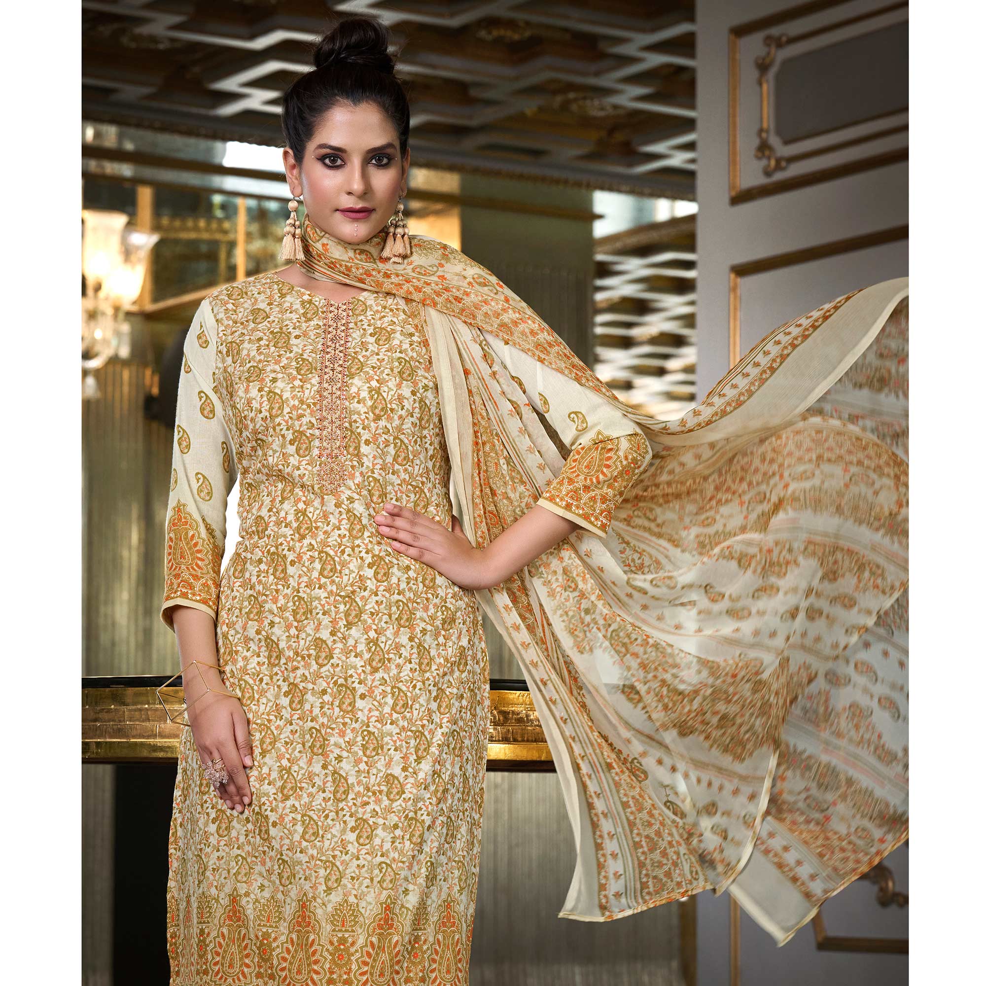 Cream Printed With Embroidered Pure Cotton Salwar Suit